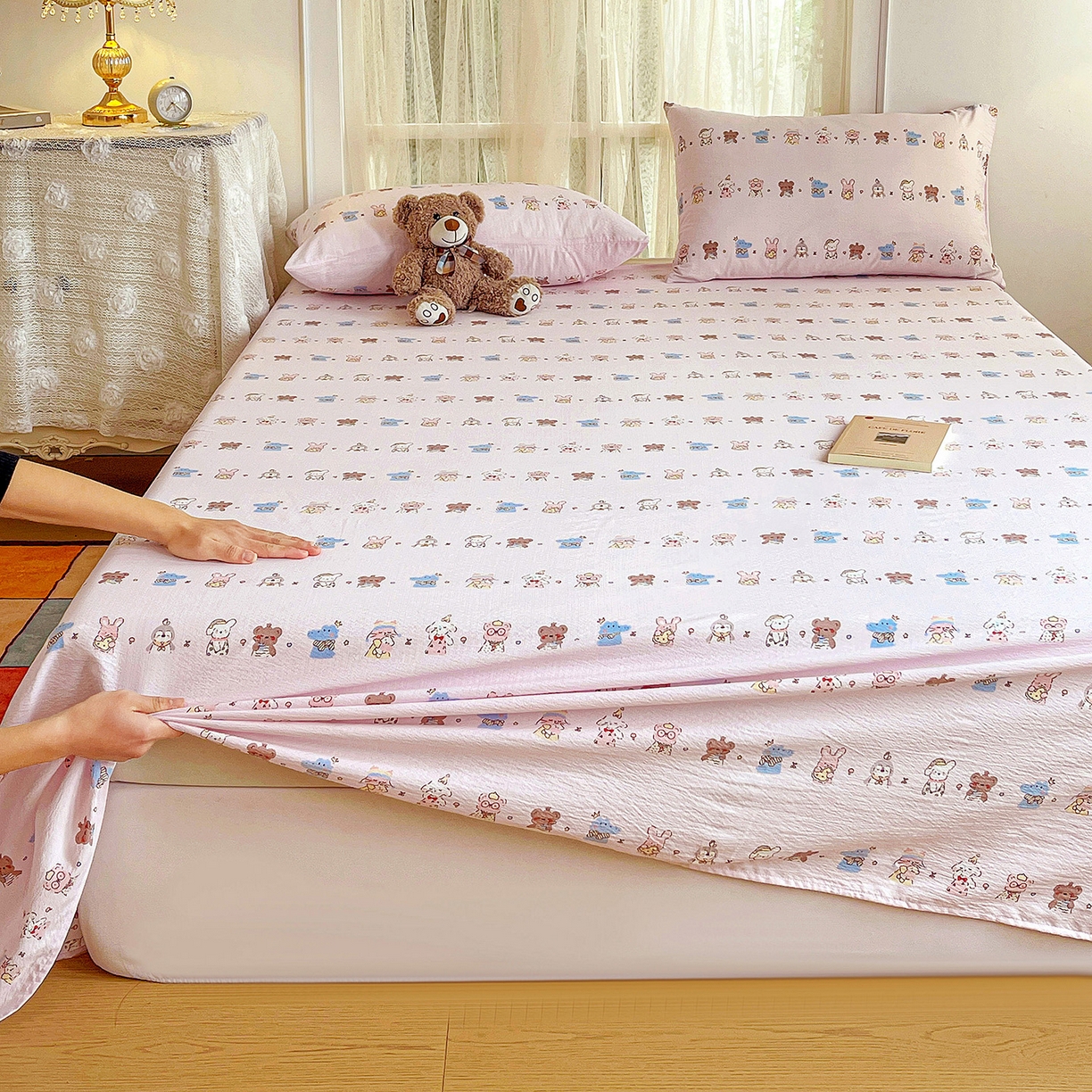 91家纺网 家纺一手货源 找家纺 纽缦家纺 2026春夏新款云感提花双层纱单床单 床单单件 动物游园