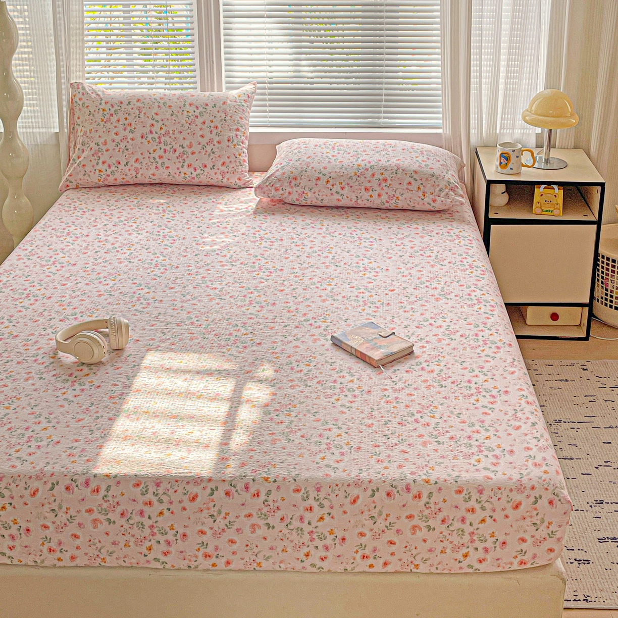 91家纺网 家纺一手货源 找家纺 优选 2026新款ins小清新木棉双层纱印花床笠床垫保护罩枕套三件套 素锦