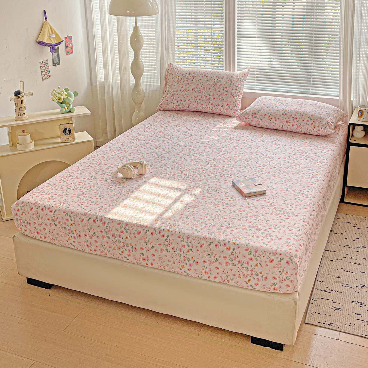 91家纺网 家纺一手货源 找家纺 优选 2026新款ins小清新木棉双层纱印花床笠床垫保护罩枕套三件套 素锦