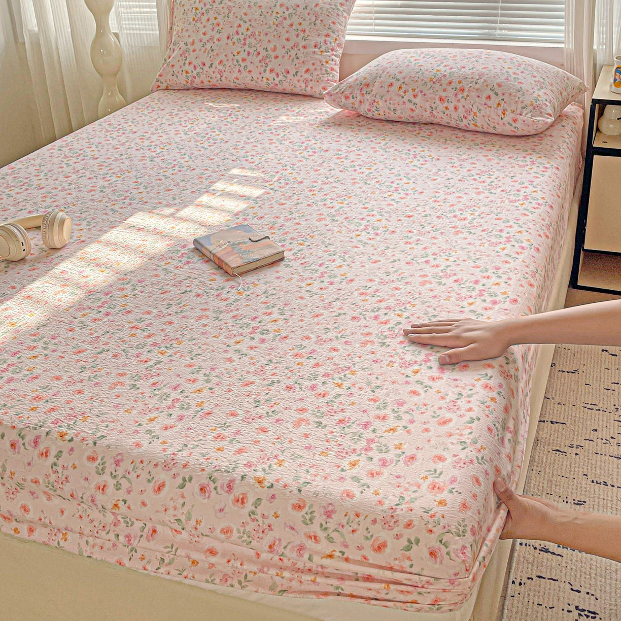 91家纺网 家纺一手货源 找家纺 优选 2026新款ins小清新木棉双层纱印花床笠床垫保护罩枕套三件套 素锦