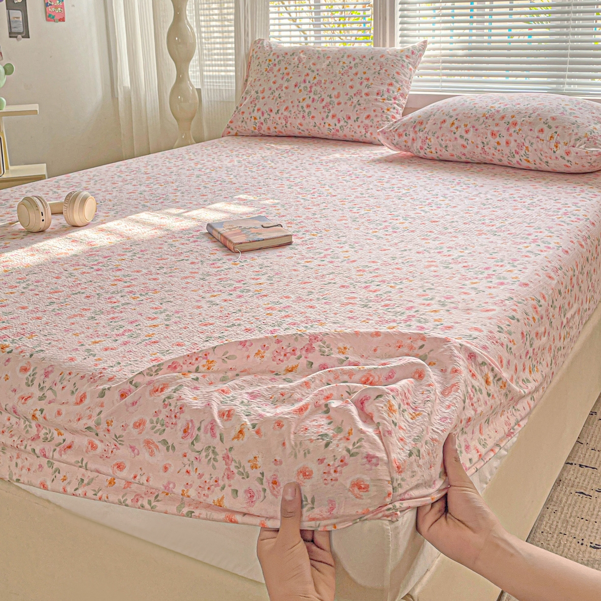 91家纺网 家纺一手货源 找家纺 优选 2026新款ins小清新木棉双层纱印花床笠床垫保护罩枕套三件套 素锦