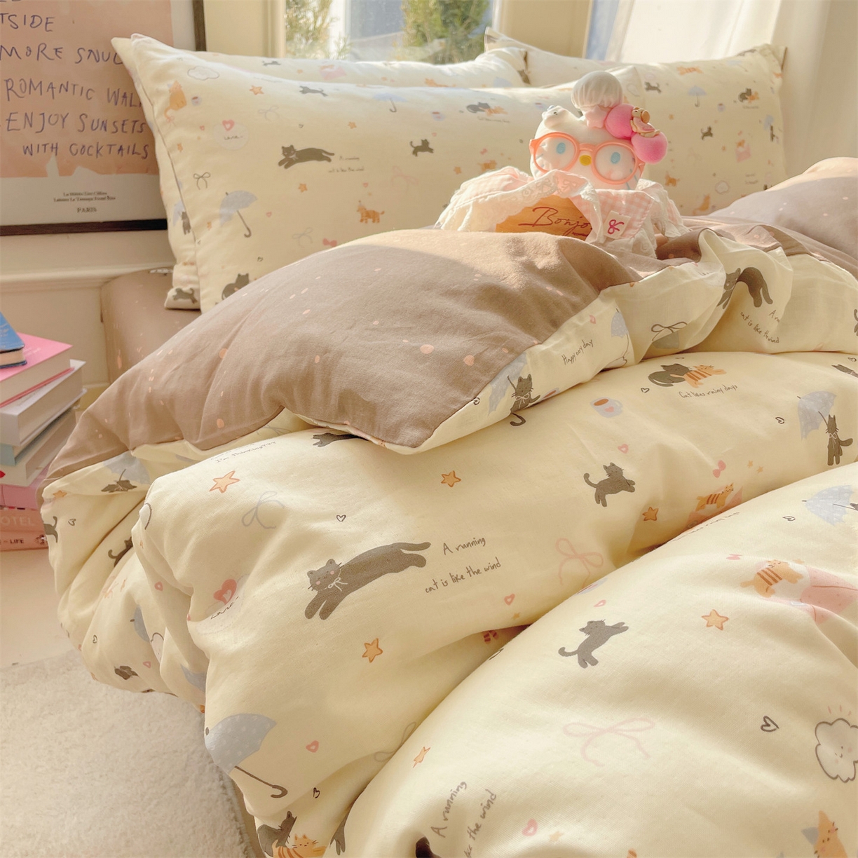 91家纺网 家纺一手货源 找家纺 盛秋家纺 2026新款水洗棉印花四件套-卡通系列二 满山猫+猫爪