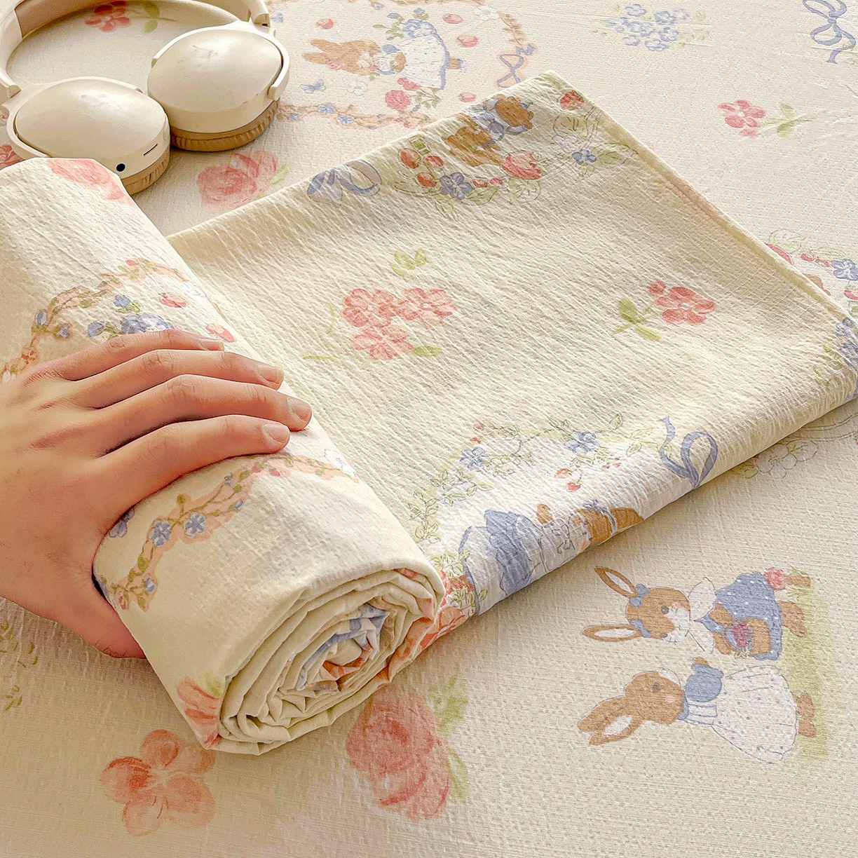 纽缦家纺 2026春夏新款云感提花双层纱单床单 床单单件 镜子里的兔