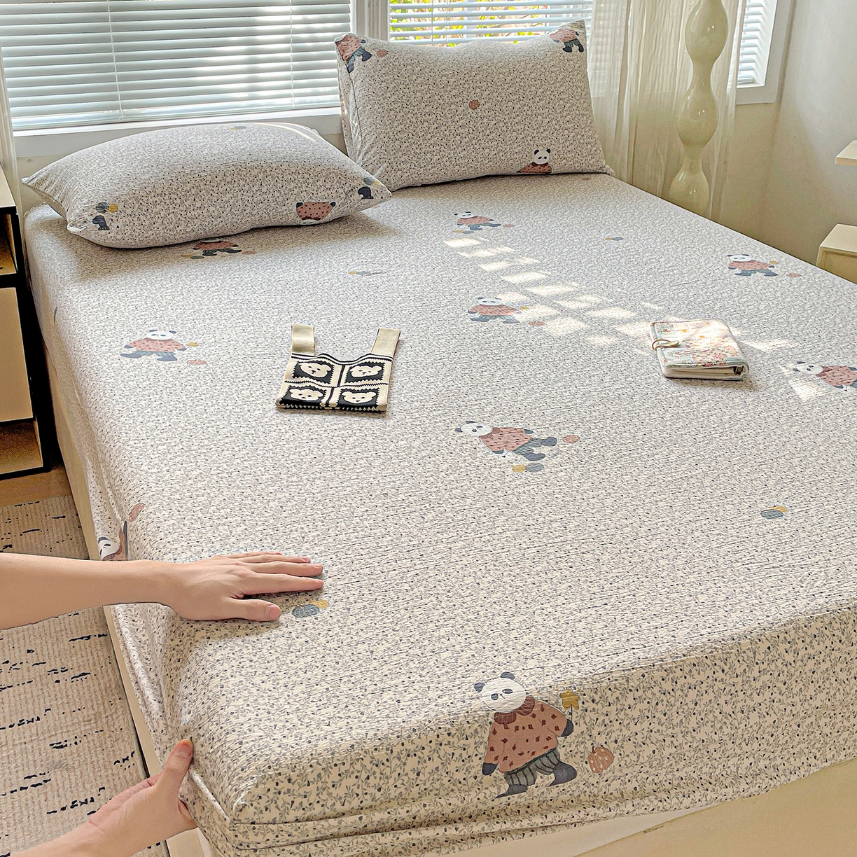 91家纺网 家纺一手货源 找家纺 优选 2026新款ins小清新木棉双层纱印花床笠床垫保护罩枕套三件套 复古浪漫