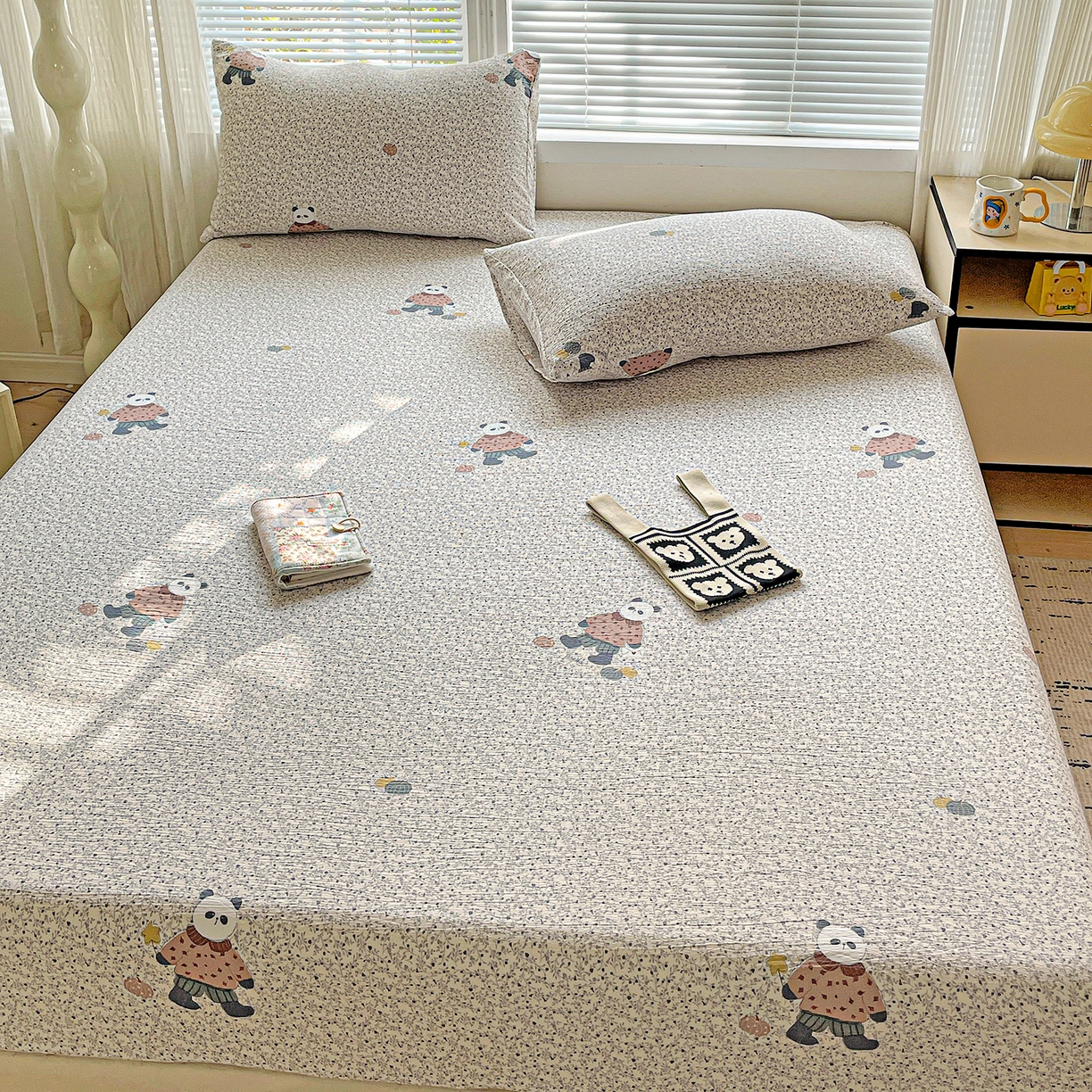 91家纺网 家纺一手货源 找家纺 优选 2026新款ins小清新木棉双层纱印花床笠床垫保护罩枕套三件套 复古浪漫