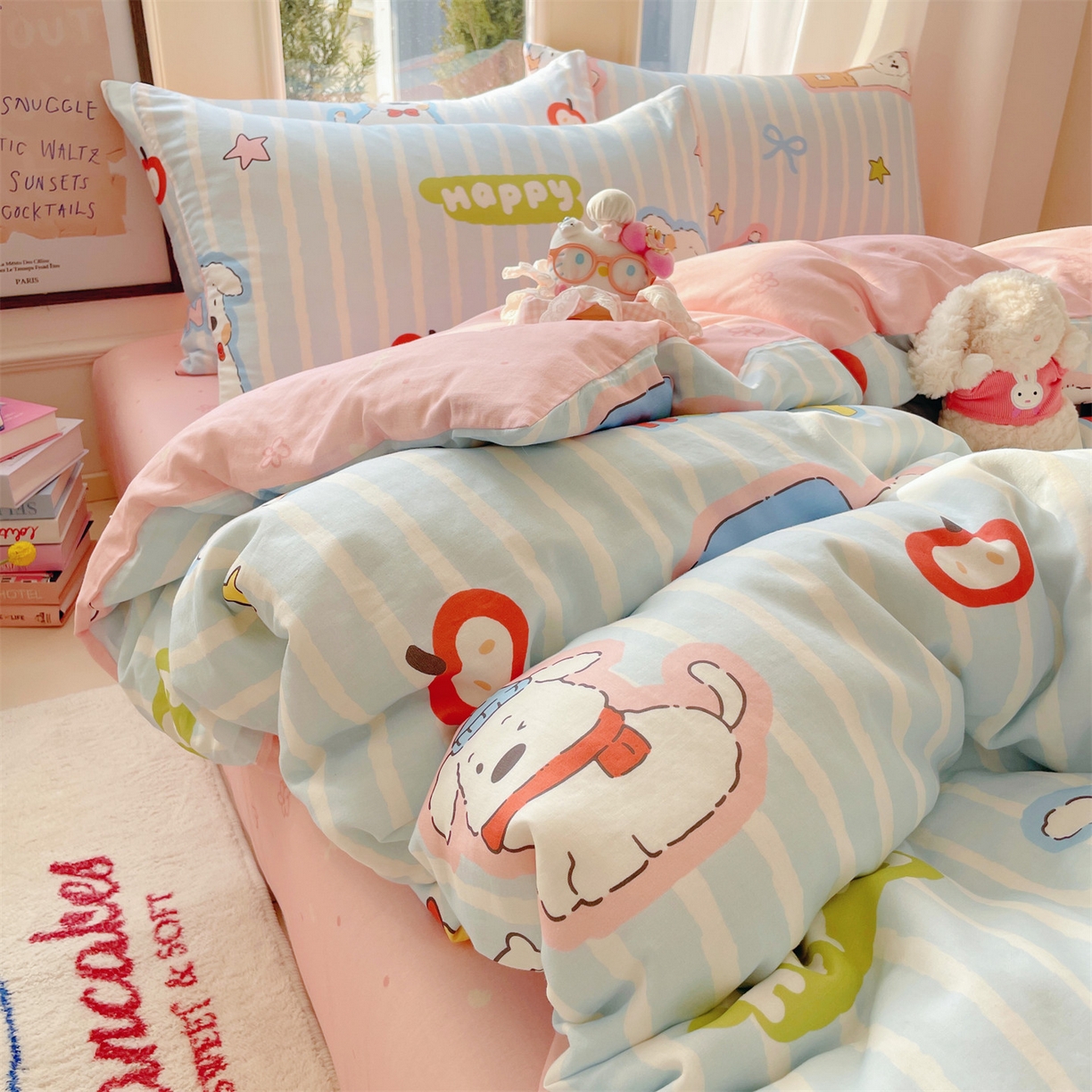 91家纺网 家纺一手货源 找家纺 盛秋家纺 2026新款水洗棉印花四件套-卡通系列二 软萌汪汪蓝+花朵粉