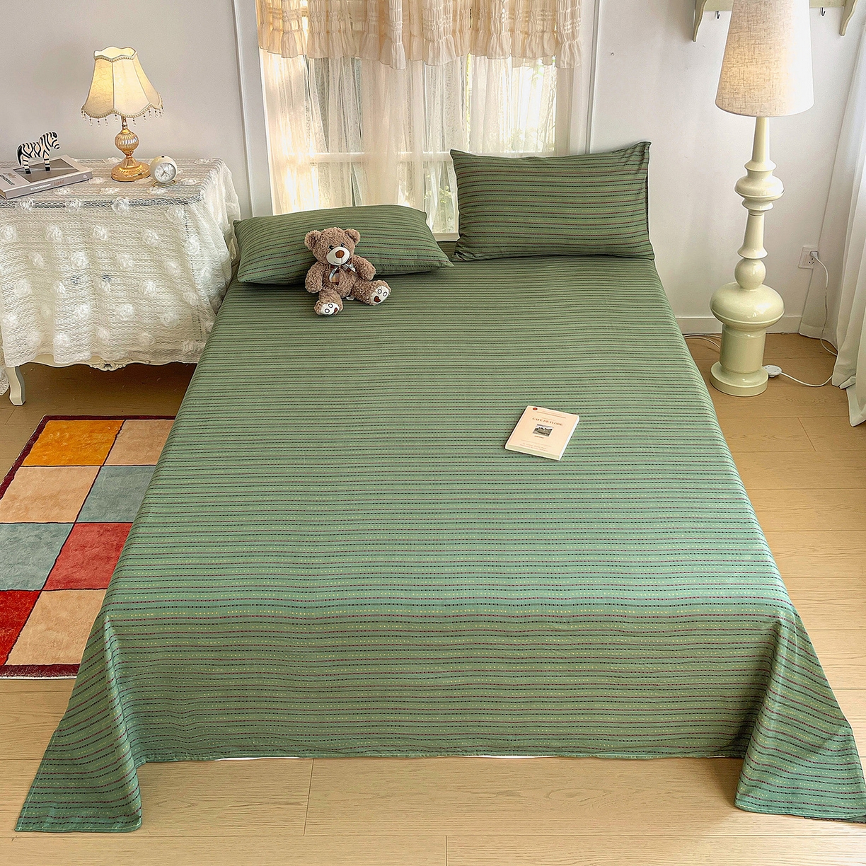 91家纺网 家纺一手货源 找家纺 纽缦家纺 2026春夏新款云感提花双层纱单床单 床单单件 六子棋-绿