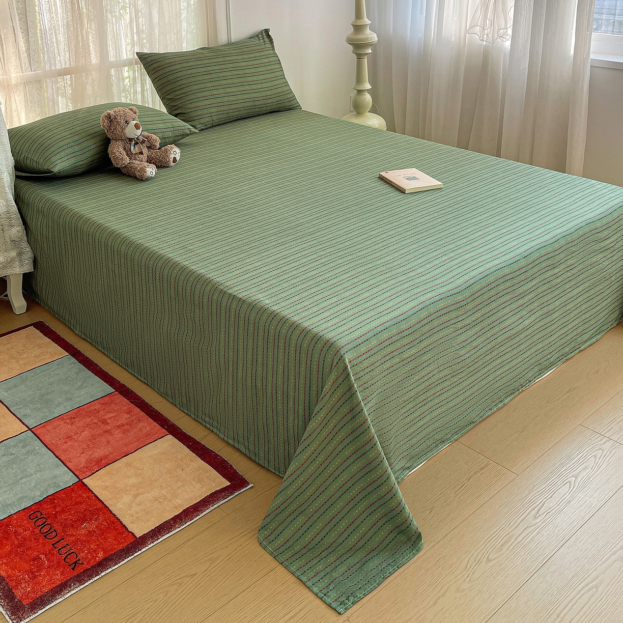 91家纺网 家纺一手货源 找家纺 纽缦家纺 2026春夏新款云感提花双层纱单床单 床单单件 六子棋-绿