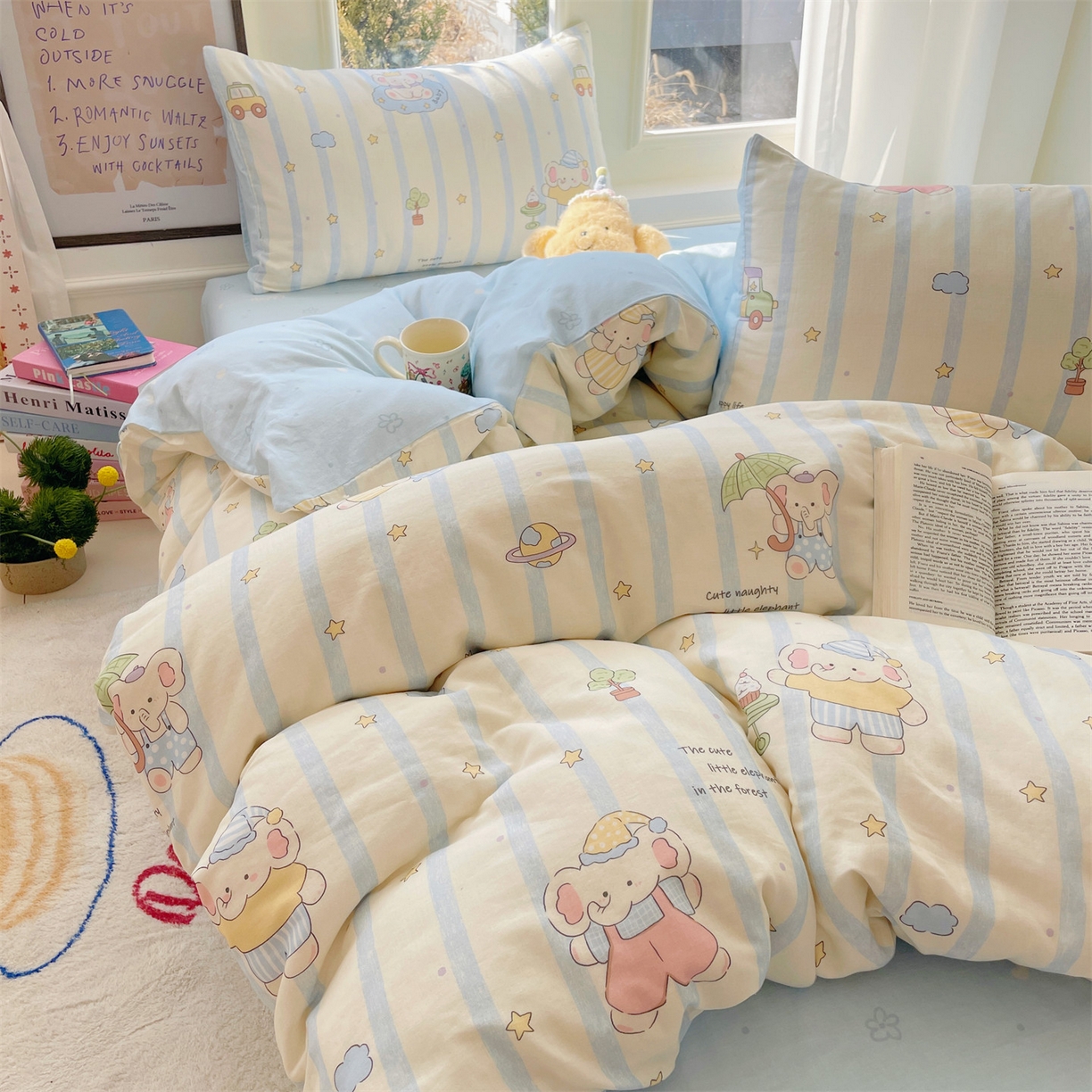 91家纺网 家纺一手货源 找家纺 盛秋家纺 2026新款水洗棉印花四件套-卡通系列二 森林小象蓝+花朵蓝