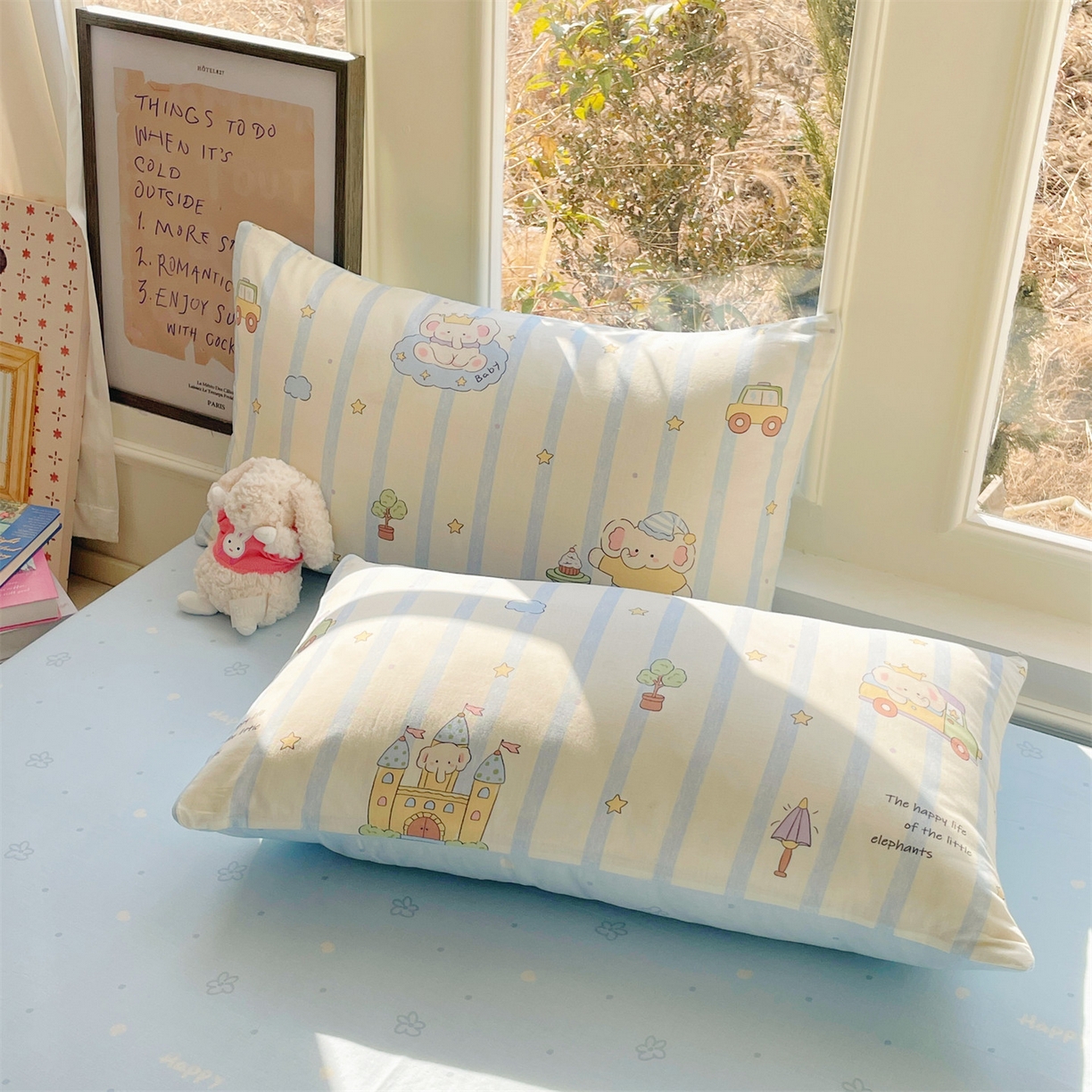 91家纺网 家纺一手货源 找家纺 盛秋家纺 2026新款水洗棉印花四件套-卡通系列二 森林小象蓝+花朵蓝