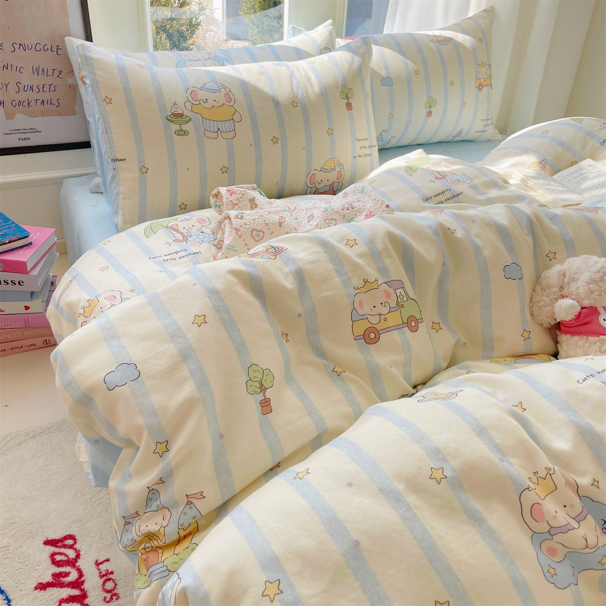 91家纺网 家纺一手货源 找家纺 盛秋家纺 2026新款水洗棉印花四件套-卡通系列二 森林小象蓝+花朵蓝