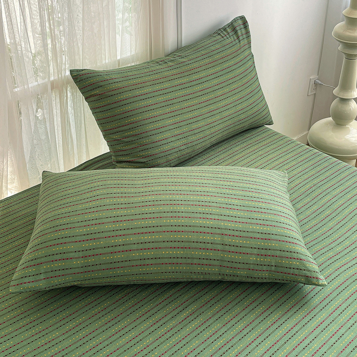 91家纺网 家纺一手货源 找家纺 纽缦家纺 2026春夏新款云感提花双层纱单床单 床单单件 六子棋-绿