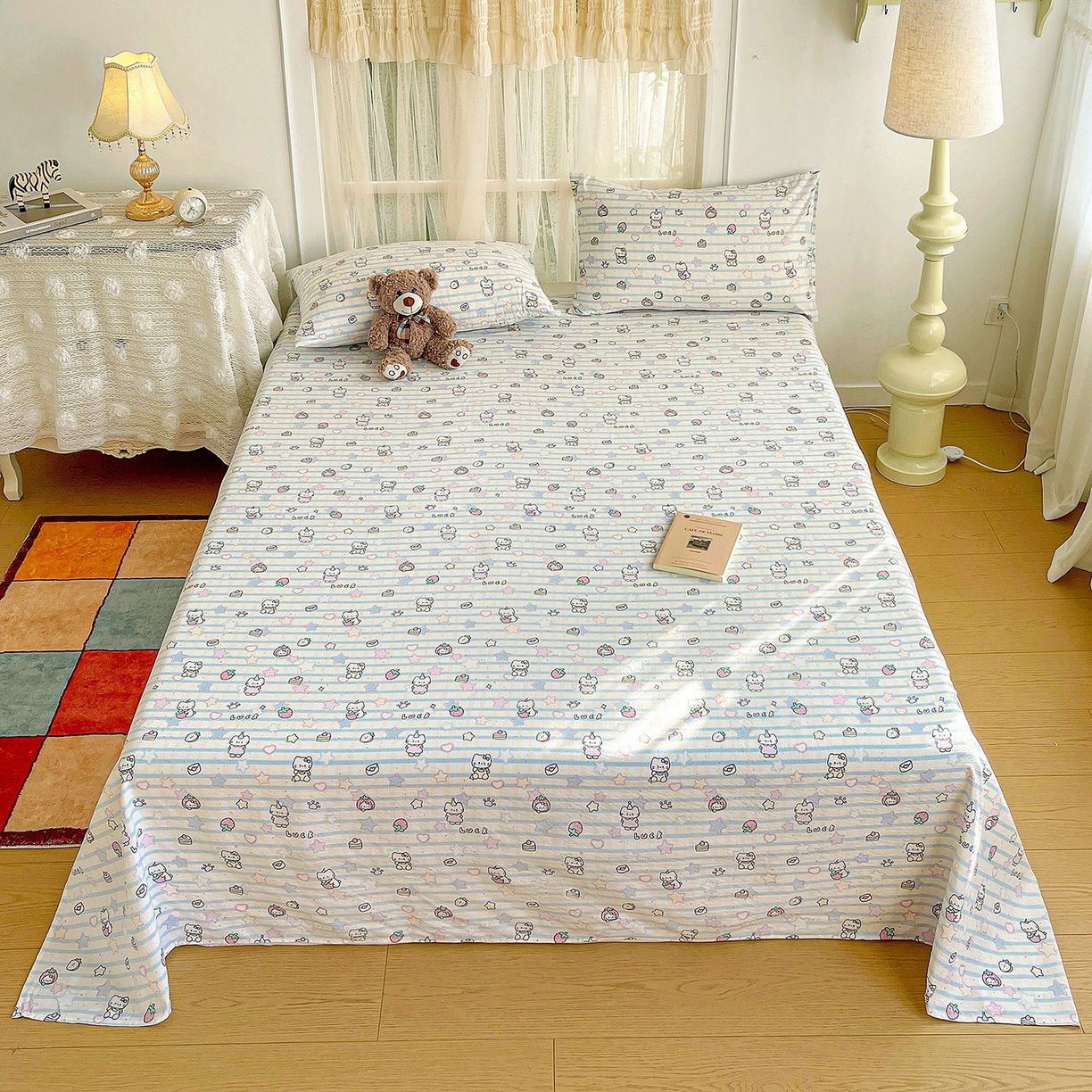 91家纺网 家纺一手货源 找家纺 纽缦家纺 2026春夏新款云感提花双层纱单床单 床单单件 切块草莓猫