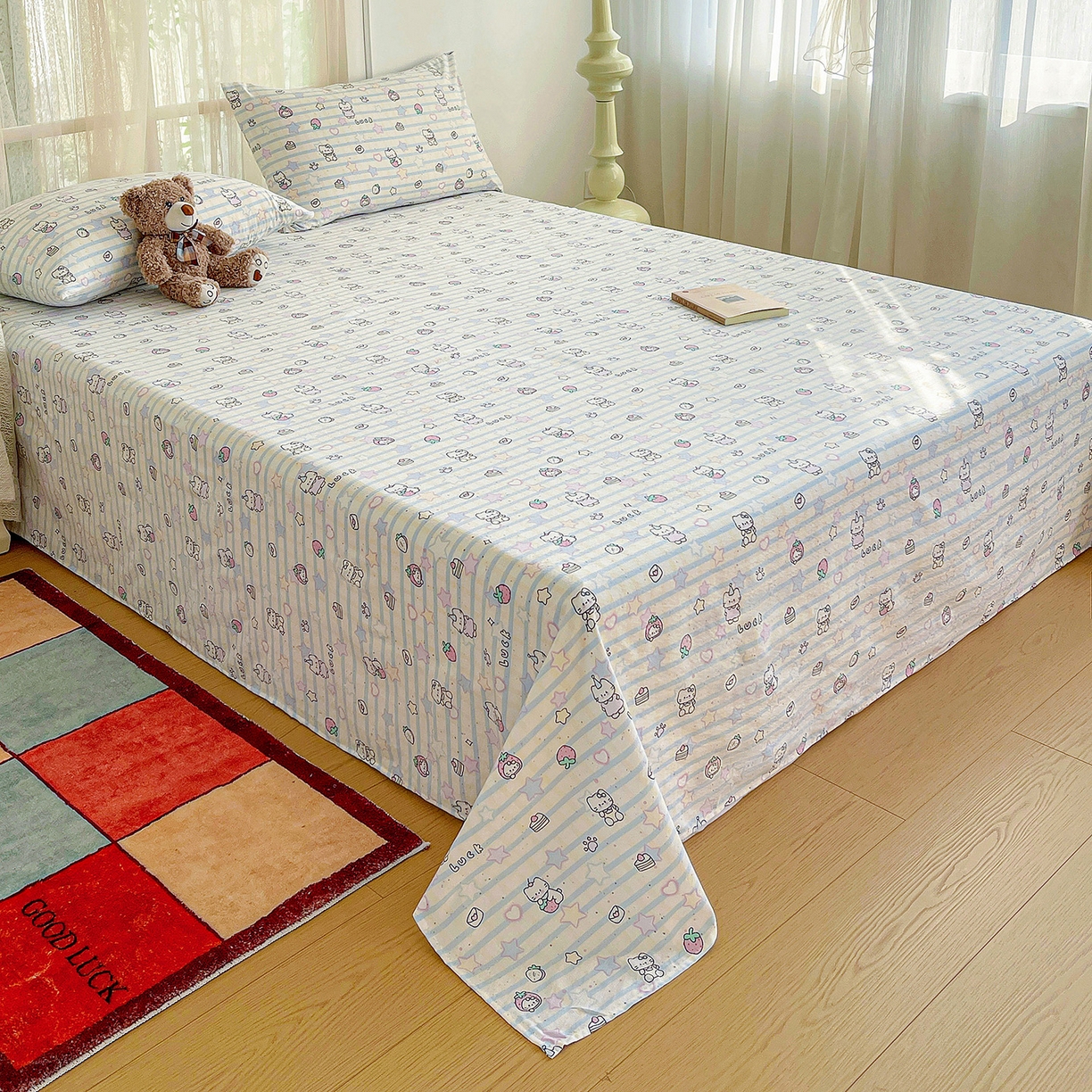 91家纺网 家纺一手货源 找家纺 纽缦家纺 2026春夏新款云感提花双层纱单床单 床单单件 切块草莓猫