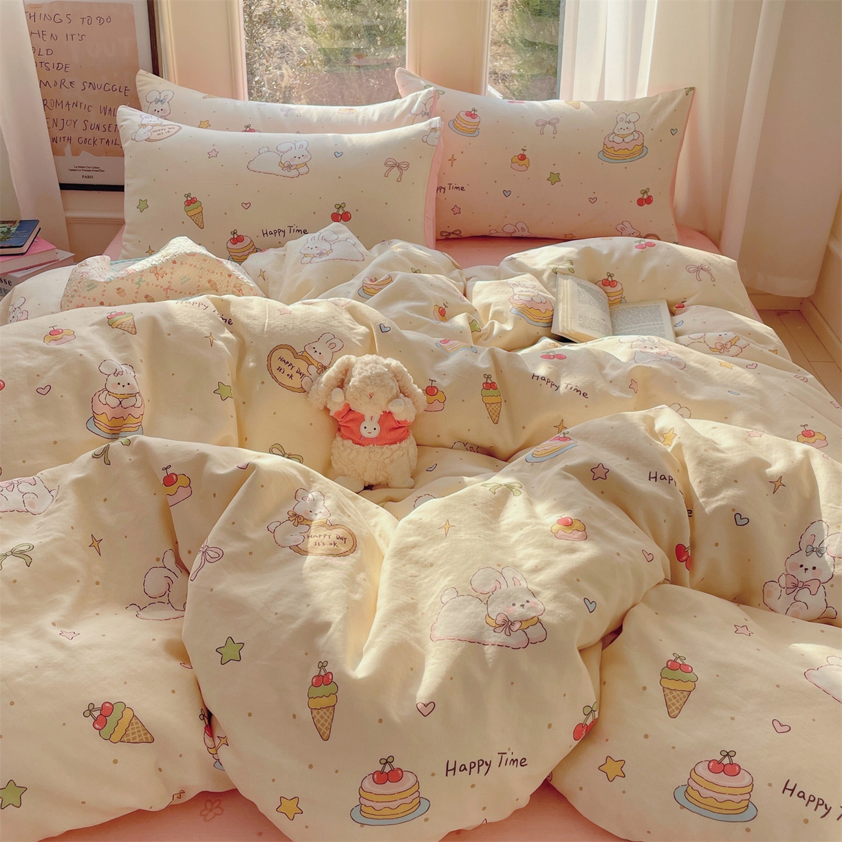 盛秋家纺 2026新款水洗棉印花四件套-卡通系列二 生日派对+花朵粉