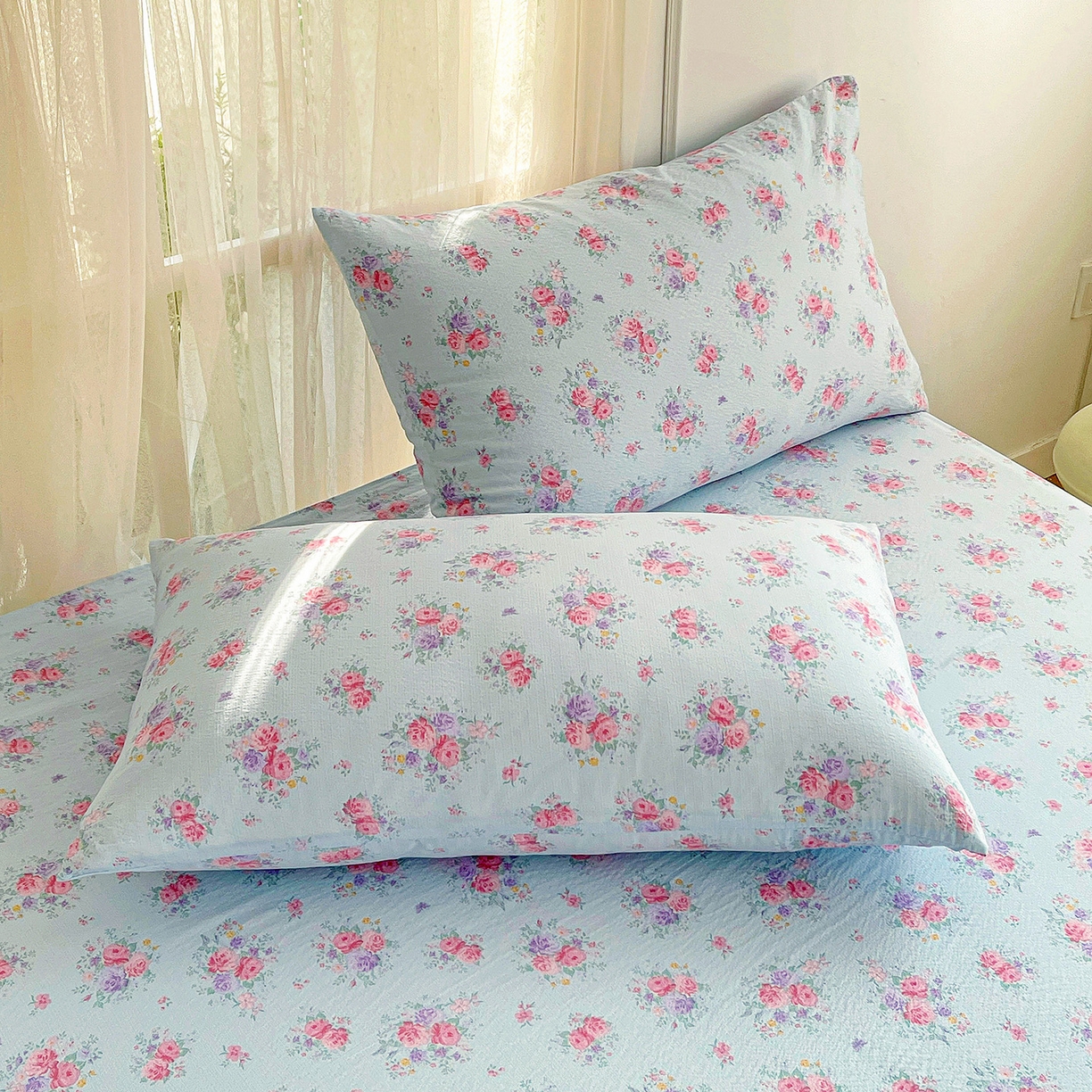 91家纺网 家纺一手货源 找家纺 纽缦家纺 2026春夏新款云感提花双层纱单床单 床单单件 清风与雾-蓝