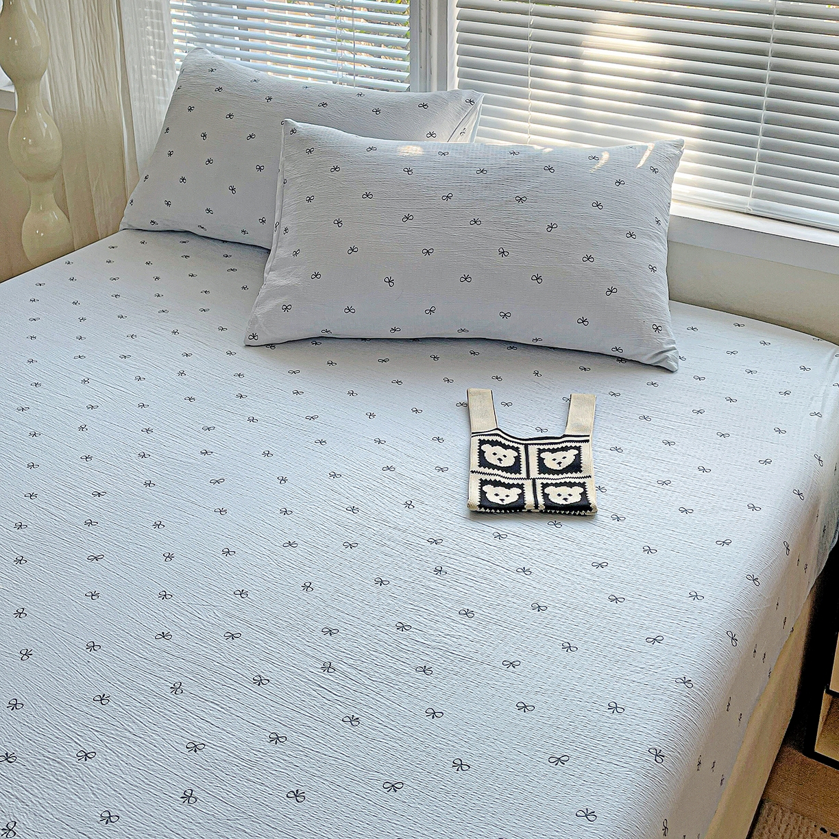 91家纺网 家纺一手货源 找家纺 优选 2026新款ins小清新木棉双层纱印花床笠床垫保护罩枕套三件套 蝴蝶结-蓝