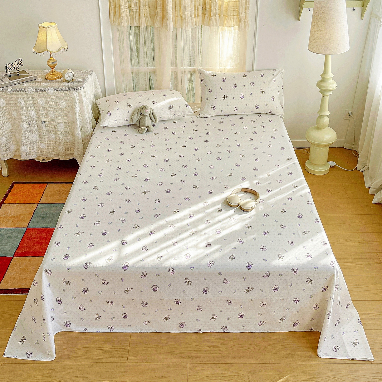 91家纺网 家纺一手货源 找家纺 纽缦家纺 2026春夏新款云感提花双层纱单床单 床单单件 裙子小兔