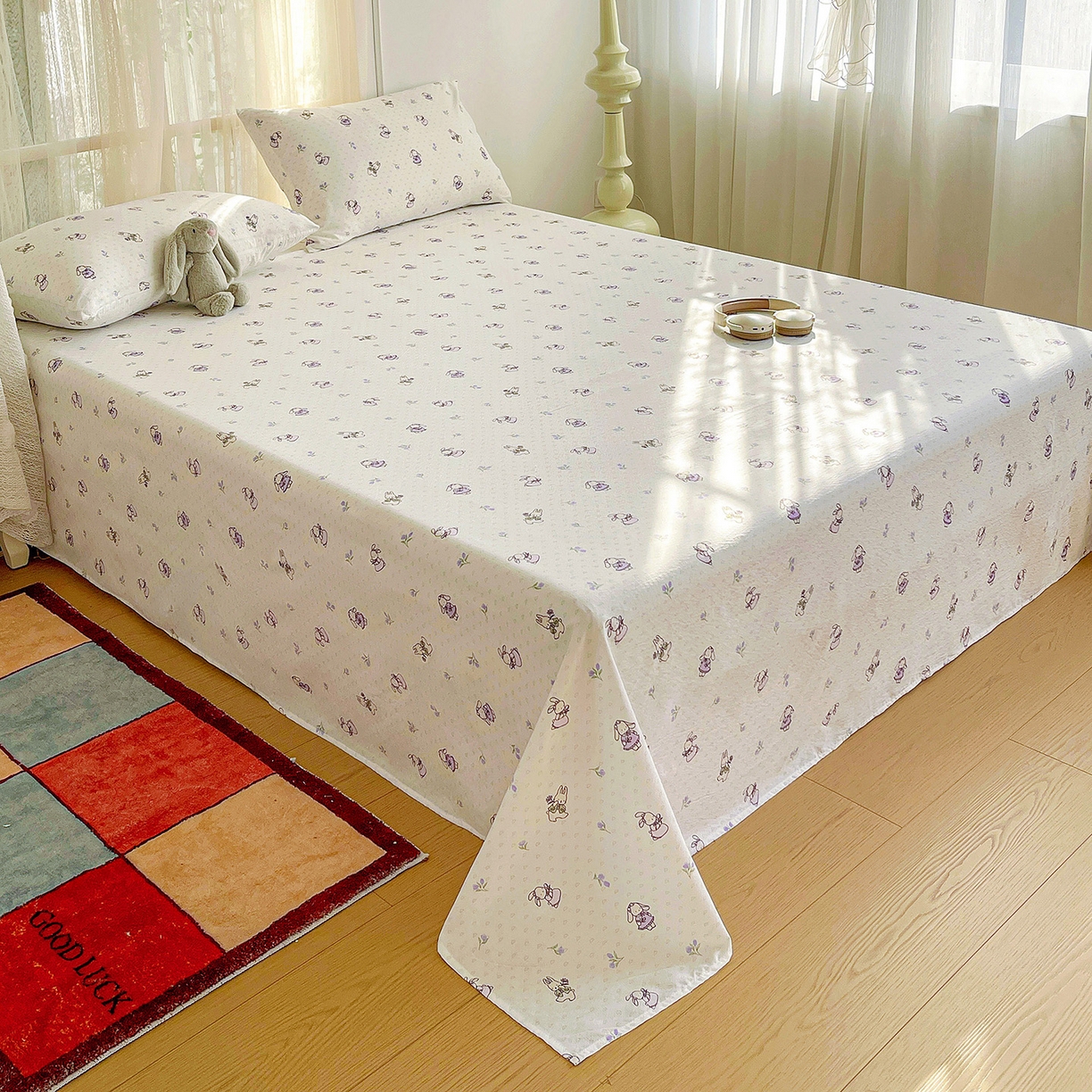 91家纺网 家纺一手货源 找家纺 纽缦家纺 2026春夏新款云感提花双层纱单床单 床单单件 裙子小兔