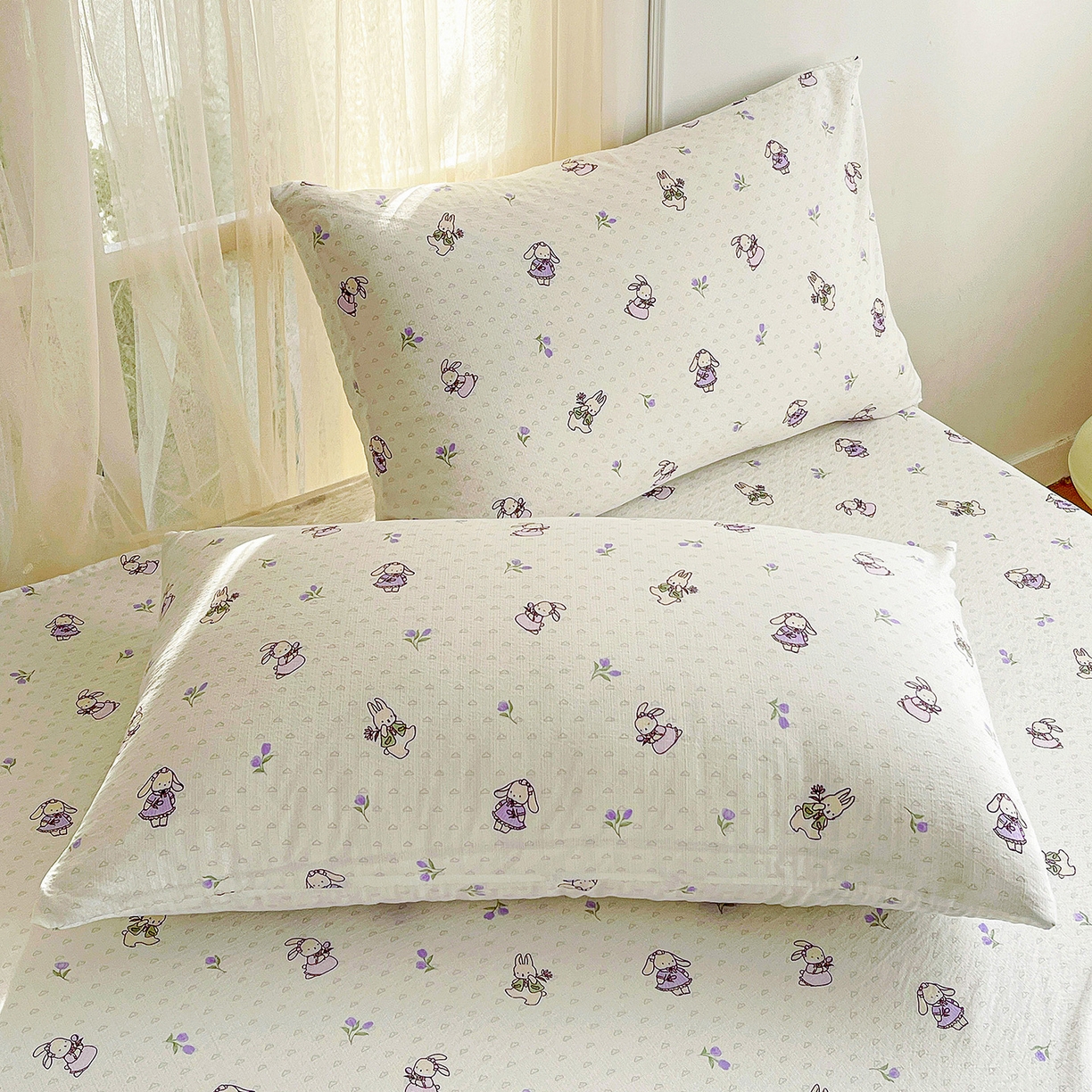 91家纺网 家纺一手货源 找家纺 纽缦家纺 2026春夏新款云感提花双层纱单床单 床单单件 裙子小兔