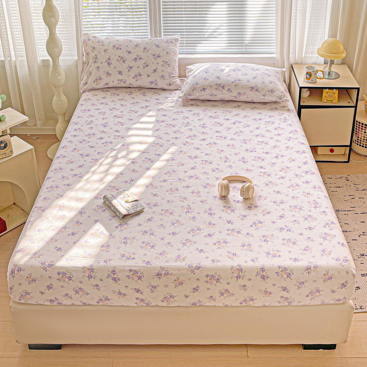 91家纺网 家纺一手货源 找家纺 （总）优选良品 2025新款ins小清新木棉双层纱印花床笠床垫保护罩枕套三件套