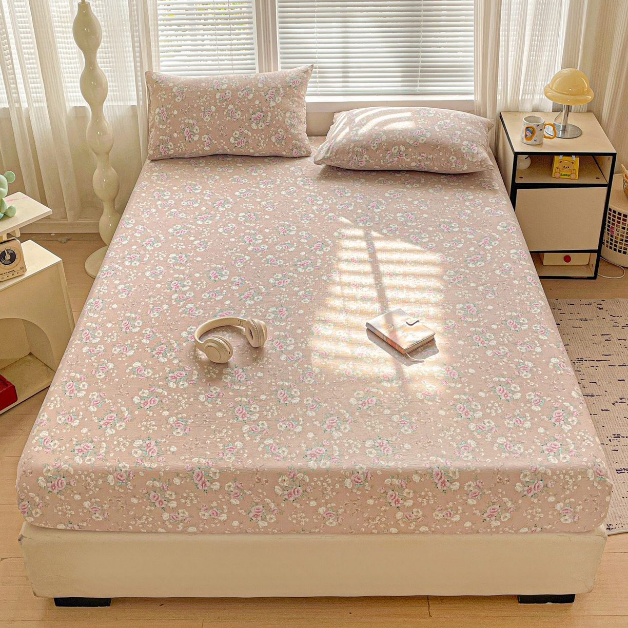 91家纺网 家纺一手货源 找家纺 （总）优选良品 2025新款ins小清新木棉双层纱印花床笠床垫保护罩枕套三件套