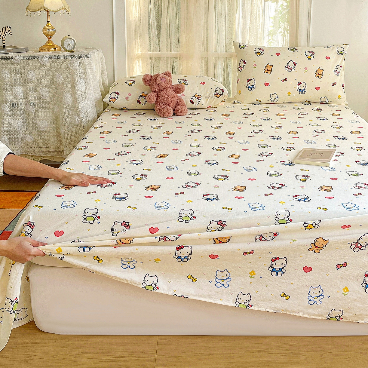 91家纺网 家纺一手货源 找家纺 纽缦家纺 2026春夏新款云感提花双层纱单床单 床单单件 像素小猫