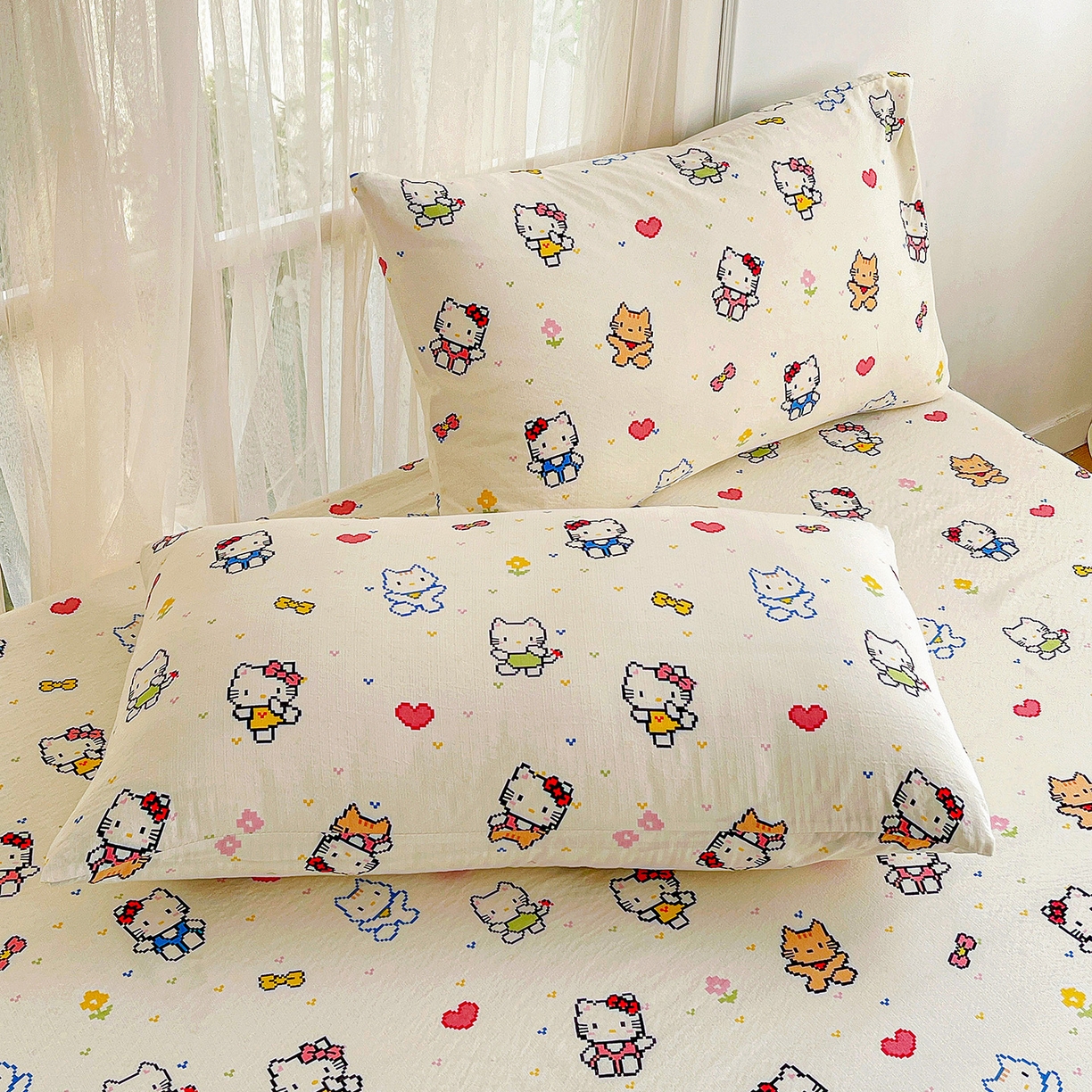 91家纺网 家纺一手货源 找家纺 纽缦家纺 2026春夏新款云感提花双层纱单床单 床单单件 像素小猫