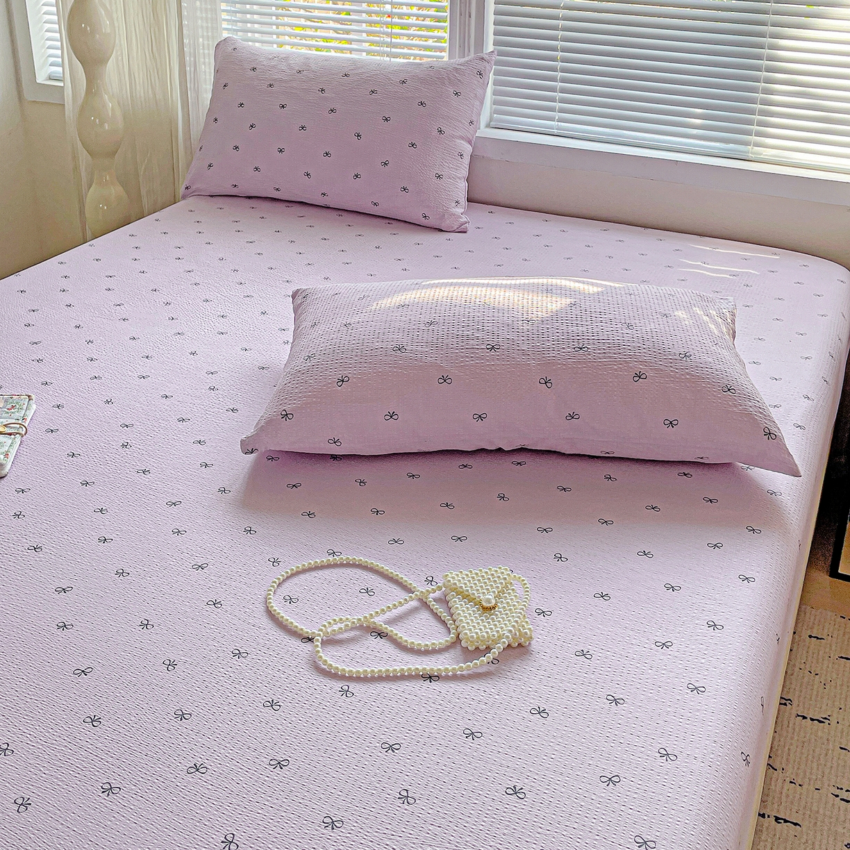 91家纺网 家纺一手货源 找家纺 优选 2026新款ins小清新木棉双层纱印花床笠床垫保护罩枕套三件套 蝴蝶结-紫