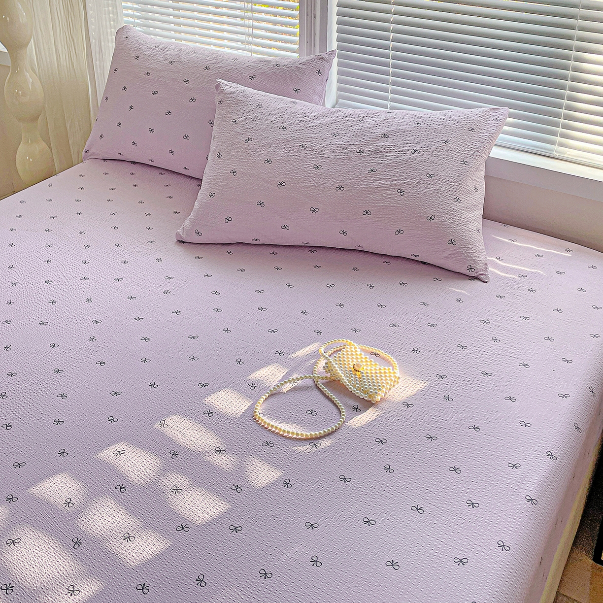 91家纺网 家纺一手货源 找家纺 优选 2026新款ins小清新木棉双层纱印花床笠床垫保护罩枕套三件套 蝴蝶结-紫