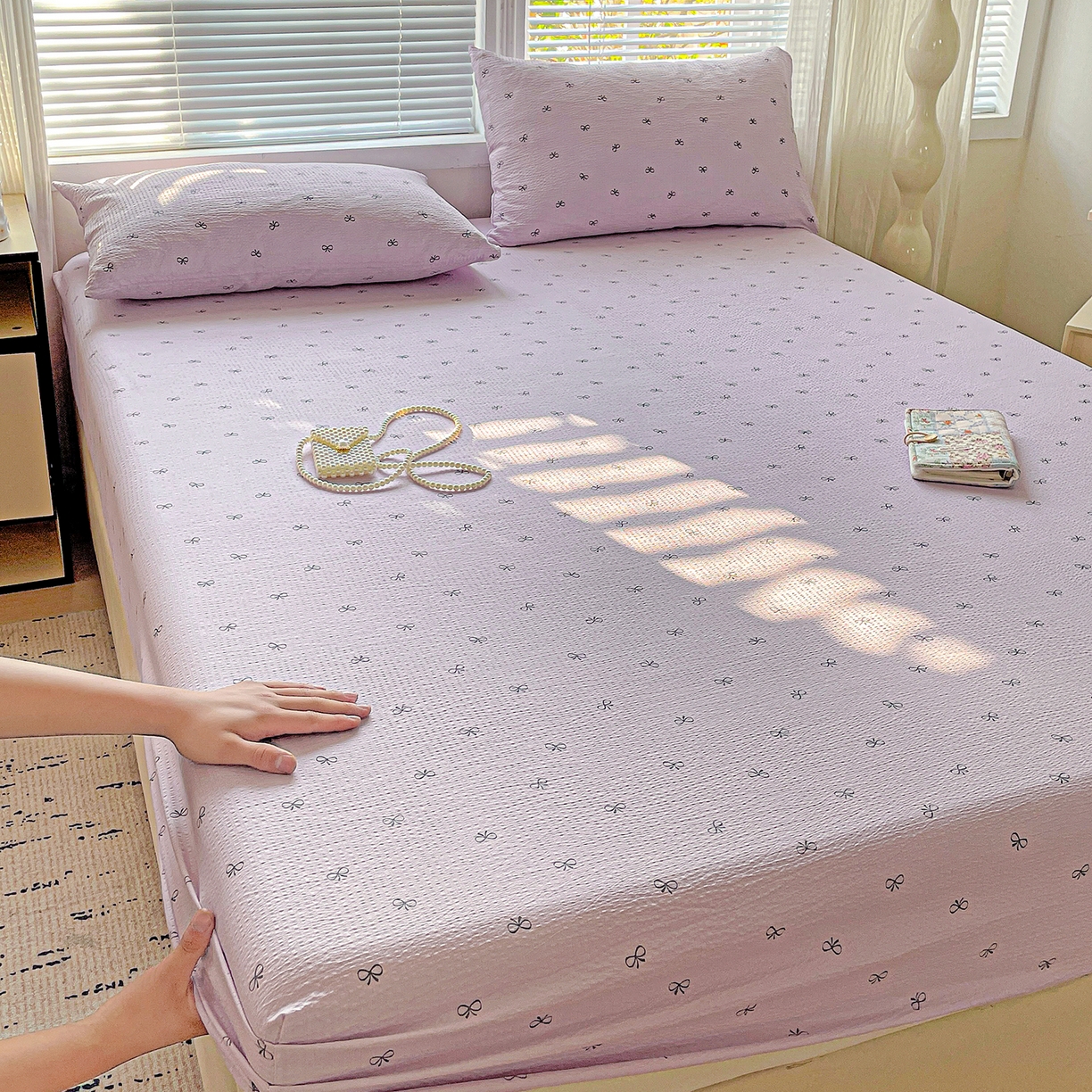 91家纺网 家纺一手货源 找家纺 优选 2026新款ins小清新木棉双层纱印花床笠床垫保护罩枕套三件套 蝴蝶结-紫