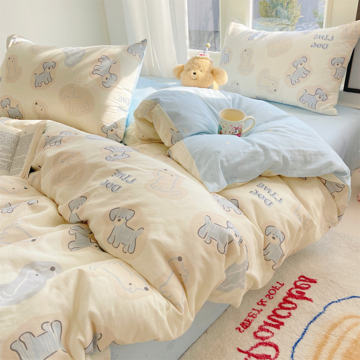 91家纺网 家纺一手货源 找家纺 盛秋家纺 2026新款水洗棉印花四件套-卡通系列二 修勾蓝+花朵蓝