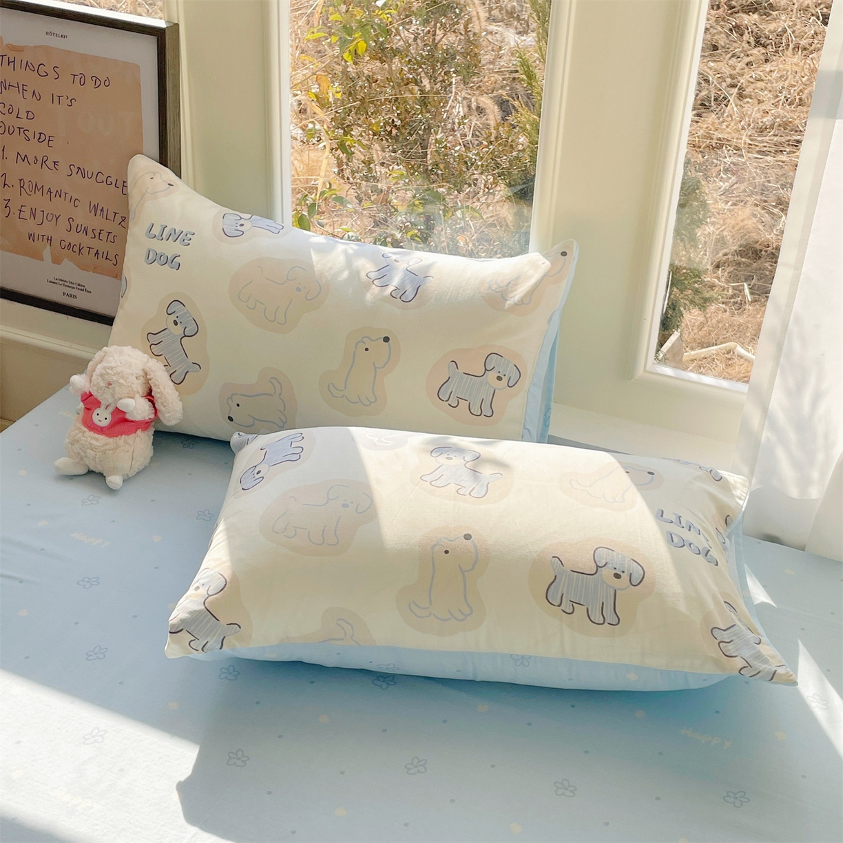 91家纺网 家纺一手货源 找家纺 盛秋家纺 2026新款水洗棉印花四件套-卡通系列二 修勾蓝+花朵蓝