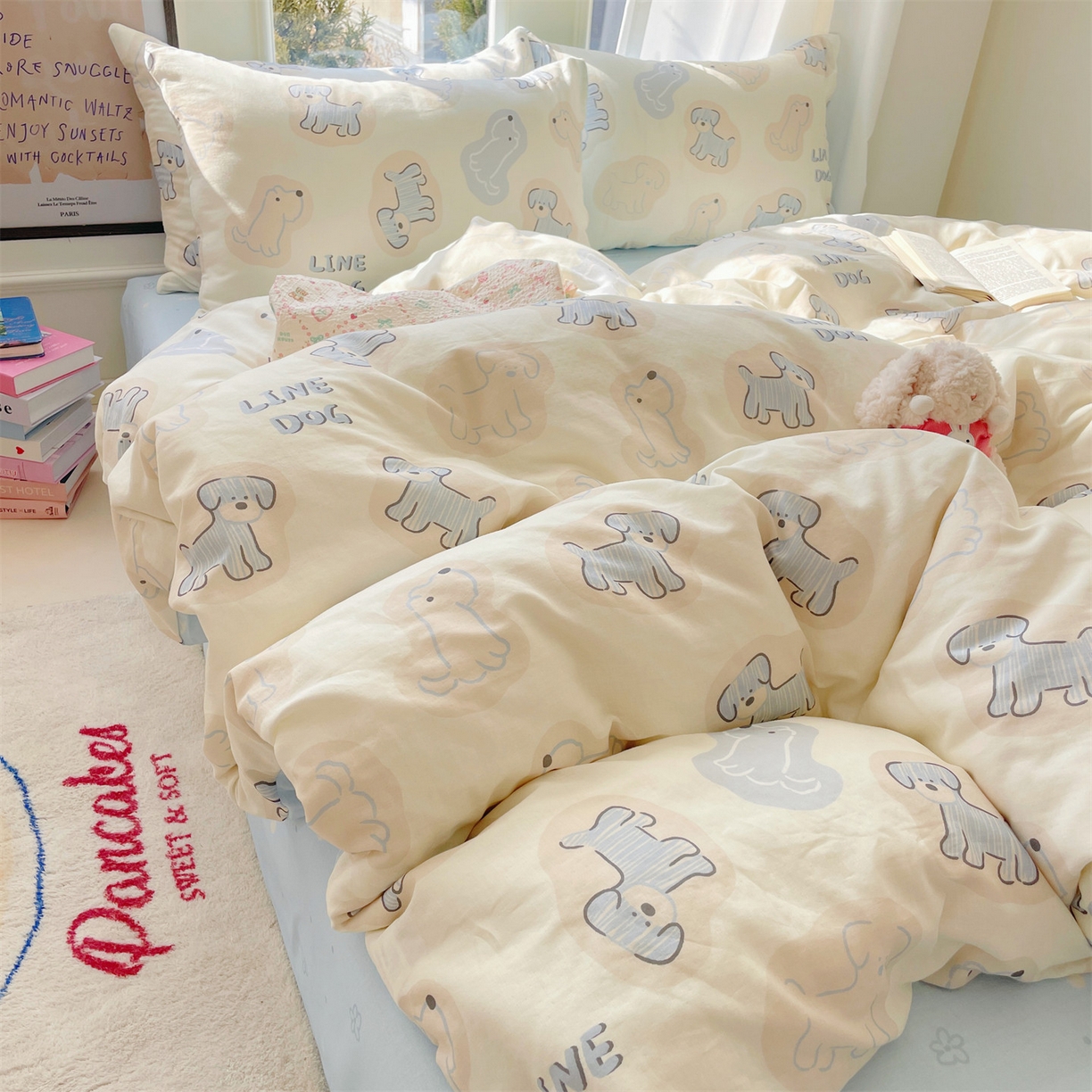 91家纺网 家纺一手货源 找家纺 盛秋家纺 2026新款水洗棉印花四件套-卡通系列二 修勾蓝+花朵蓝