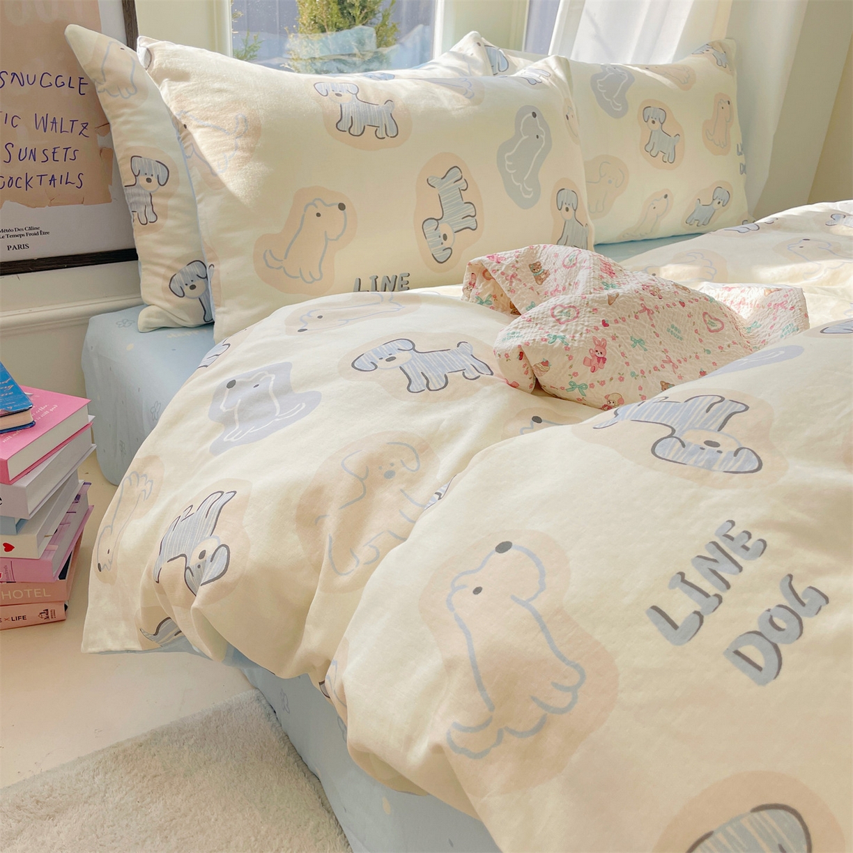 91家纺网 家纺一手货源 找家纺 盛秋家纺 2026新款水洗棉印花四件套-卡通系列二 修勾蓝+花朵蓝