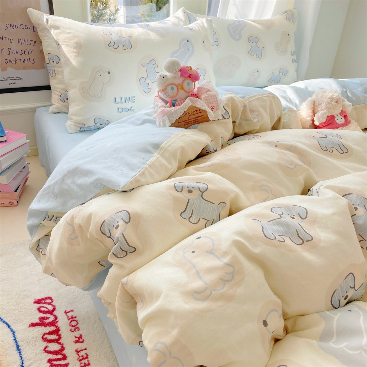 91家纺网 家纺一手货源 找家纺 盛秋家纺 2026新款水洗棉印花四件套-卡通系列二 修勾蓝+花朵蓝