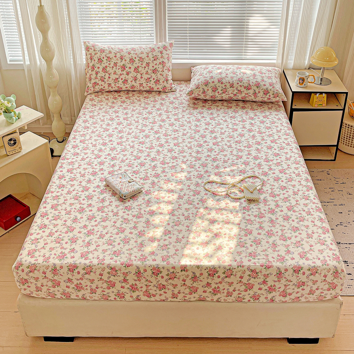 优选 2026新款ins小清新木棉双层纱印花床笠床垫保护罩枕套三件套 恋曲