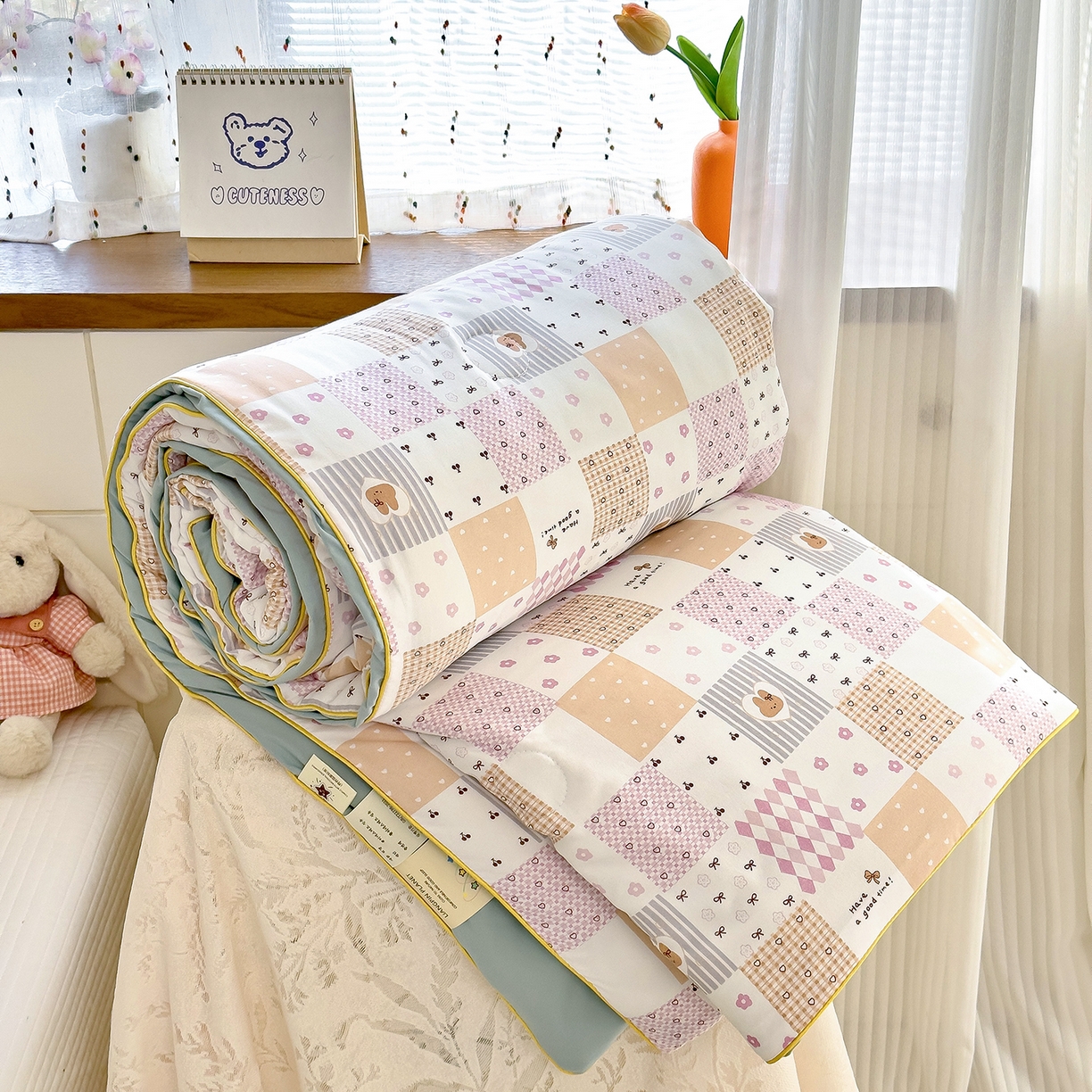 铺尚美家纺 2026新款A类水洗双层纱大豆夏被子被芯 拼格小兔