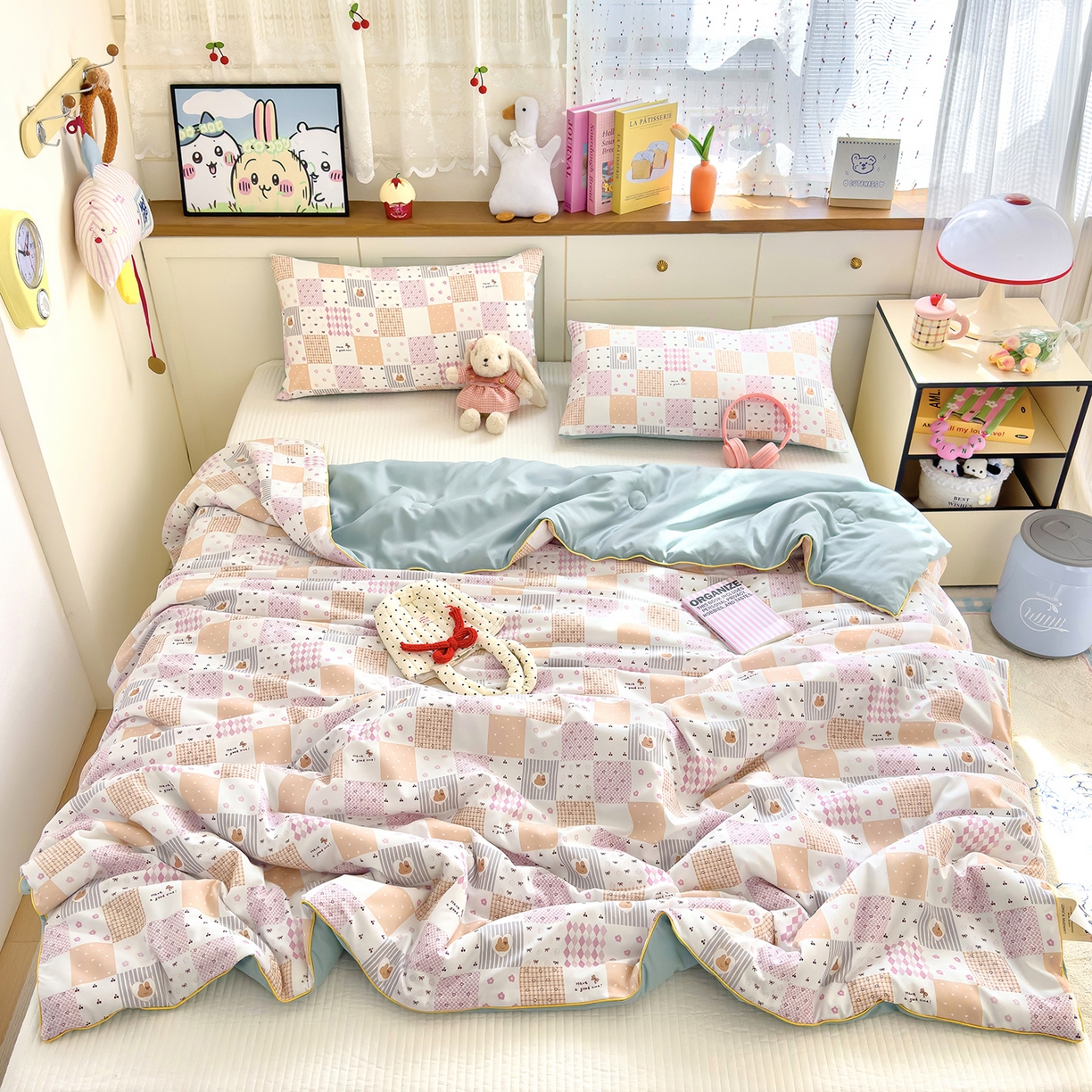 91家纺网 家纺一手货源 找家纺 铺尚美家纺 2026新款A类水洗双层纱大豆夏被子被芯 拼格小兔