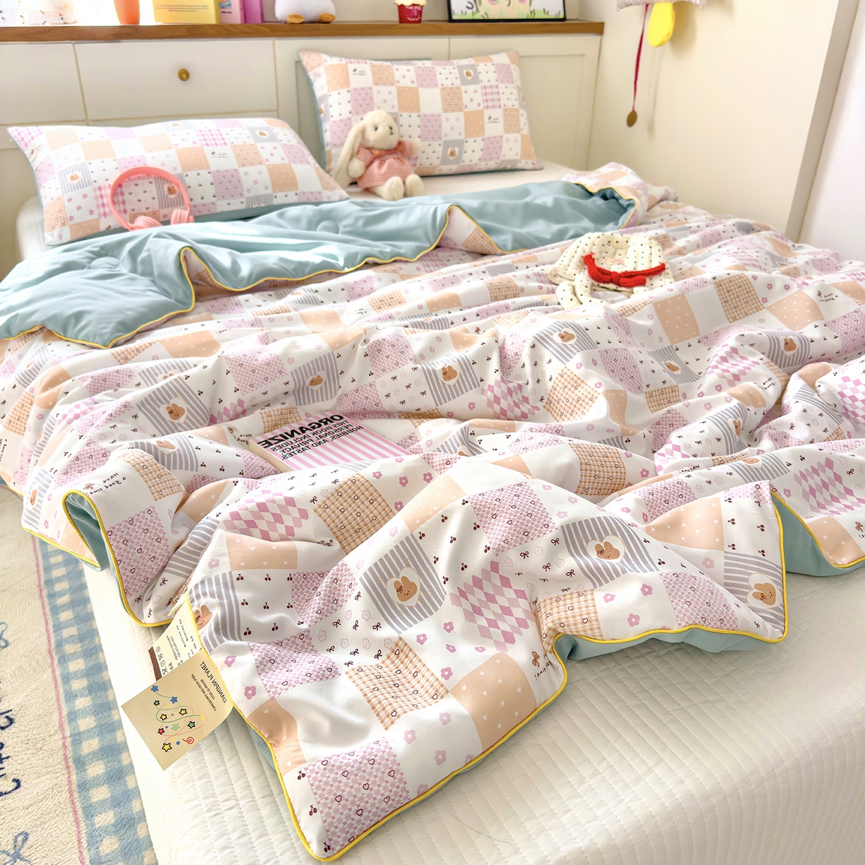 91家纺网 家纺一手货源 找家纺 铺尚美家纺 2026新款A类水洗双层纱大豆夏被子被芯 拼格小兔