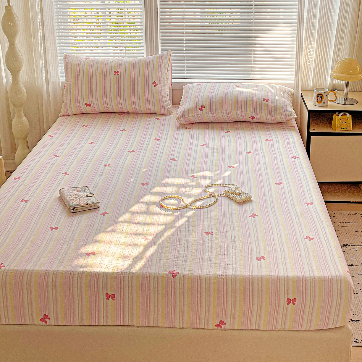 91家纺网 家纺一手货源 找家纺 优选 2026新款ins小清新木棉双层纱印花床笠床垫保护罩枕套三件套 梦露