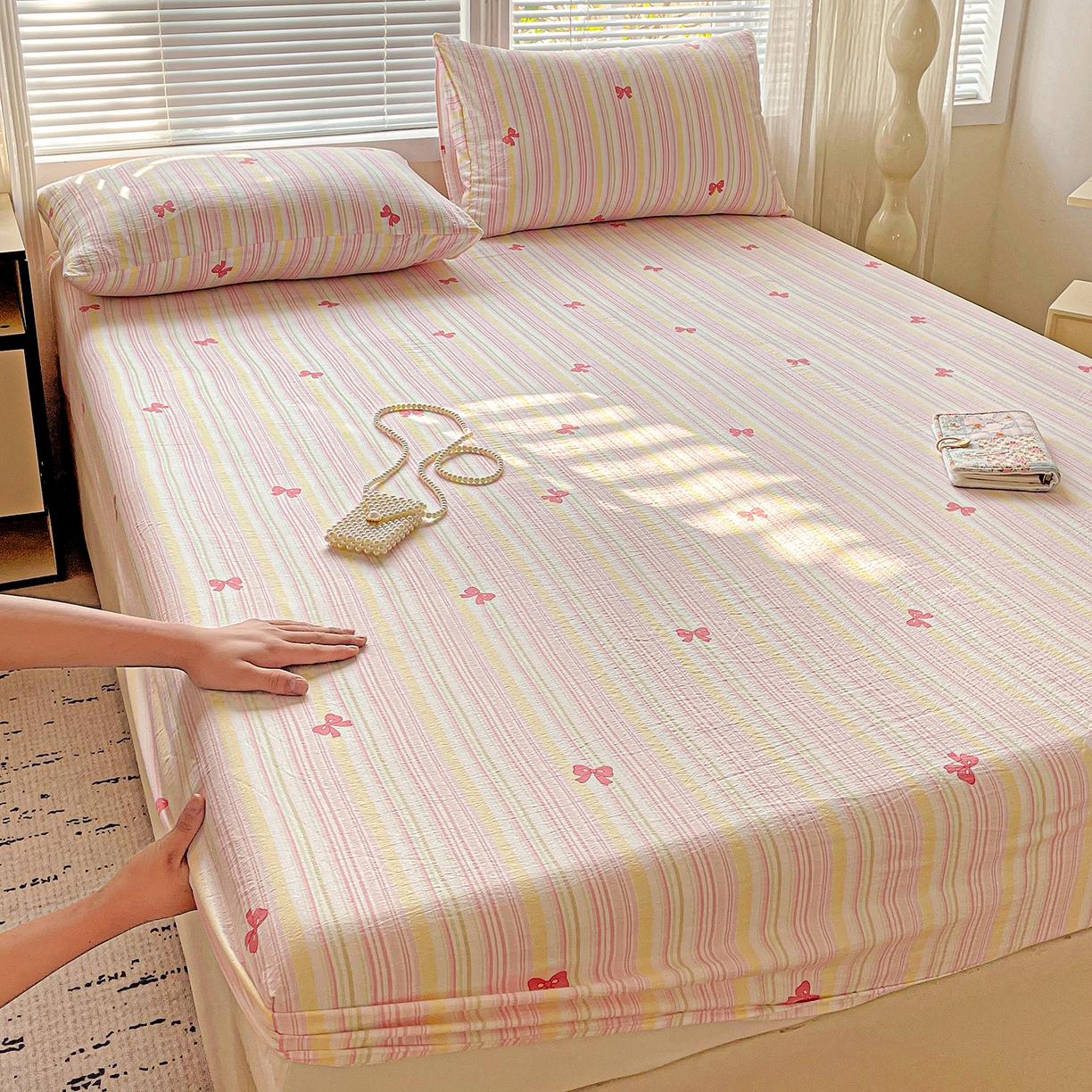 91家纺网 家纺一手货源 找家纺 优选 2026新款ins小清新木棉双层纱印花床笠床垫保护罩枕套三件套 梦露