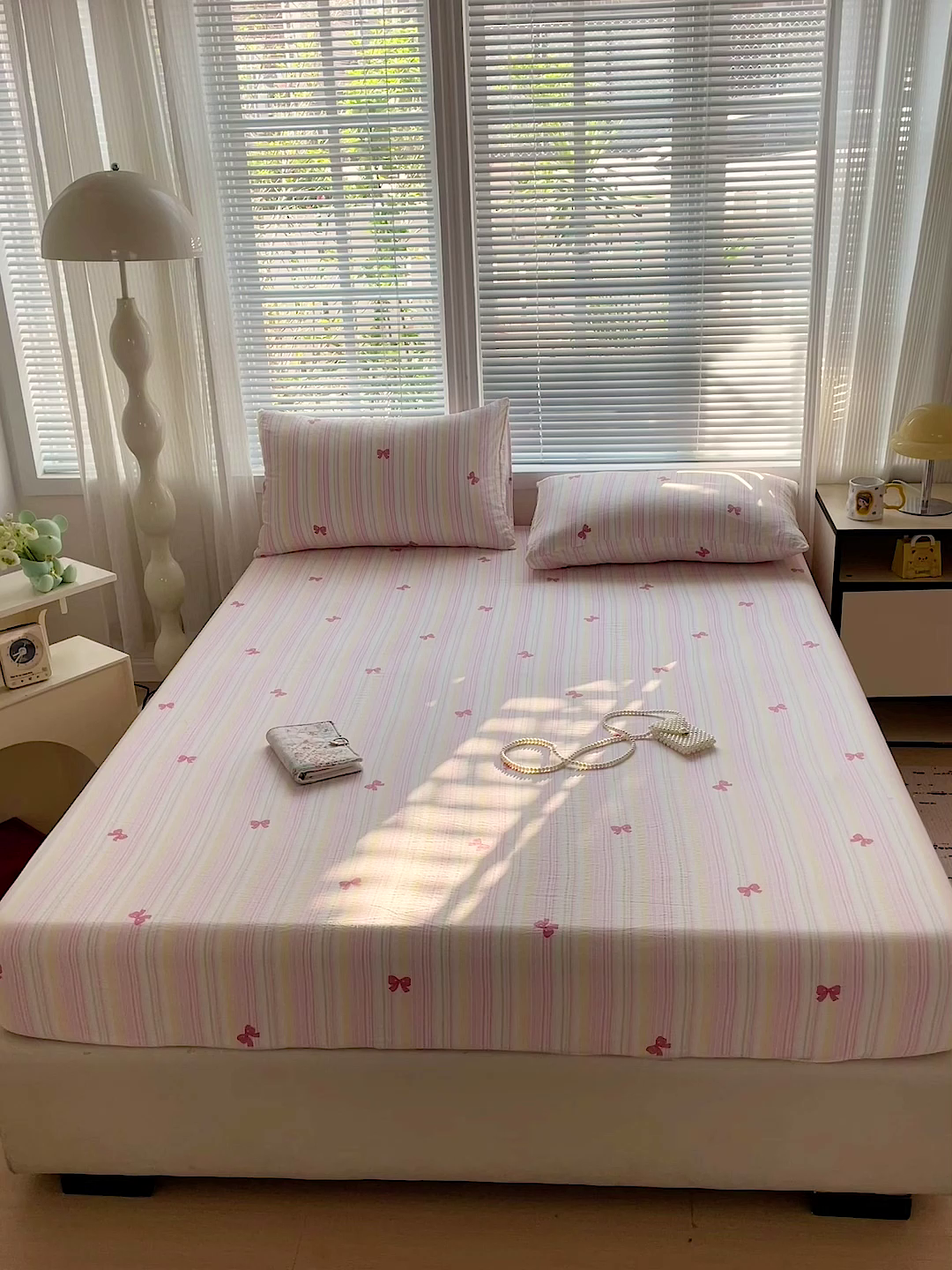 91家纺网 家纺一手货源 找家纺 优选 2026新款ins小清新木棉双层纱印花床笠床垫保护罩枕套三件套 梦露