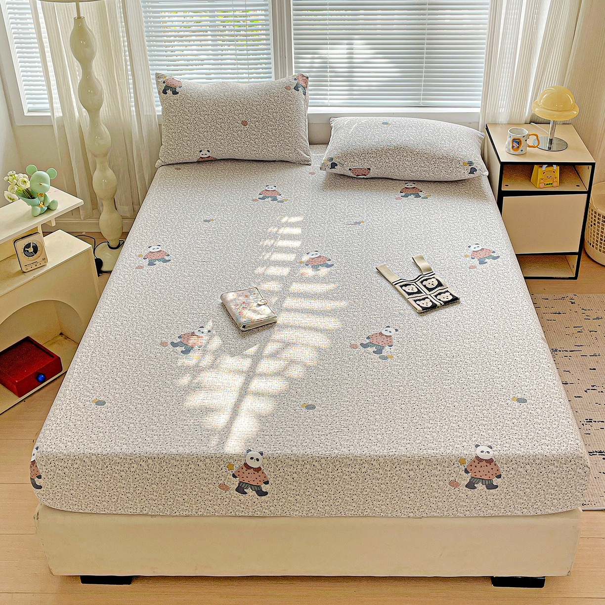 91家纺网 家纺一手货源 找家纺 （总）优选良品 2025新款ins小清新木棉双层纱印花床笠床垫保护罩枕套三件套