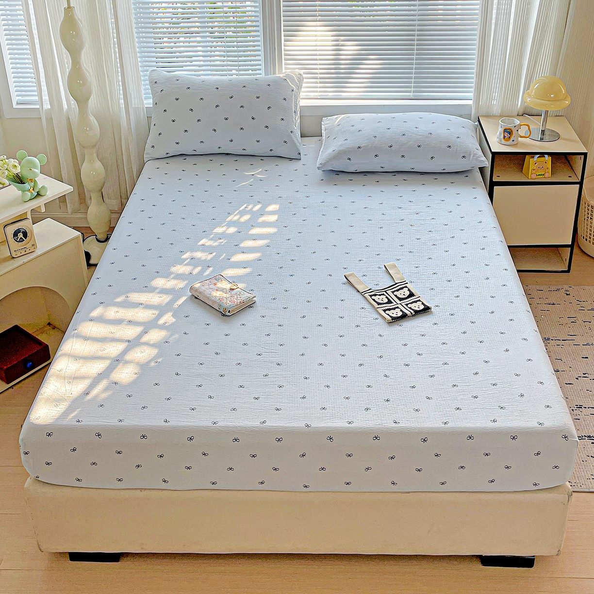 91家纺网 家纺一手货源 找家纺 （总）优选良品 2025新款ins小清新木棉双层纱印花床笠床垫保护罩枕套三件套