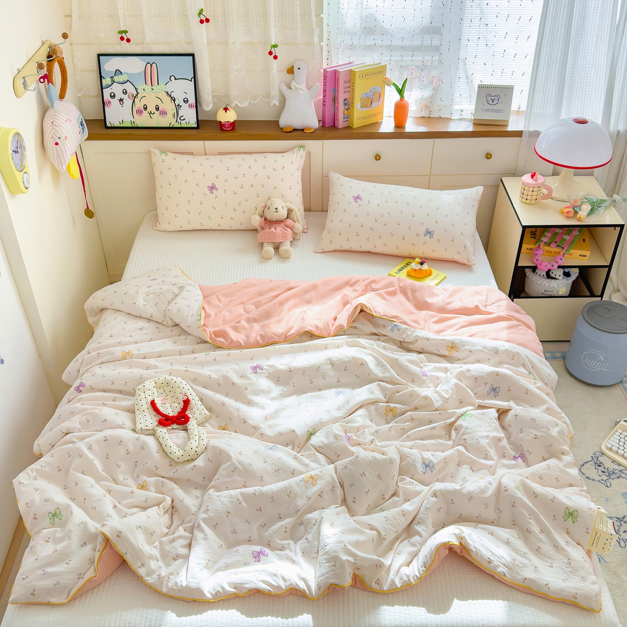 91家纺网 家纺一手货源 找家纺 铺尚美家纺 2026新款A类水洗双层纱大豆夏被子被芯 甜樱戏蝶