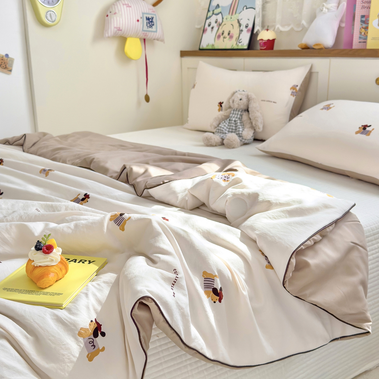 91家纺网 家纺一手货源 找家纺 铺尚美家纺 2026新款A类水洗双层纱大豆夏被子被芯 线条小狗