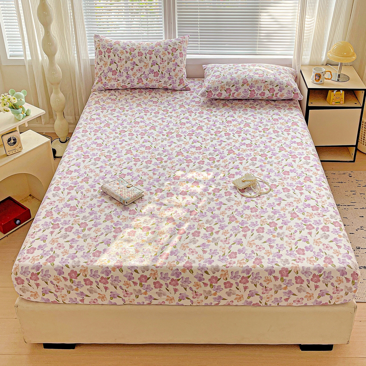 优选 2026新款ins小清新木棉双层纱印花床笠床垫保护罩枕套三件套 微甜