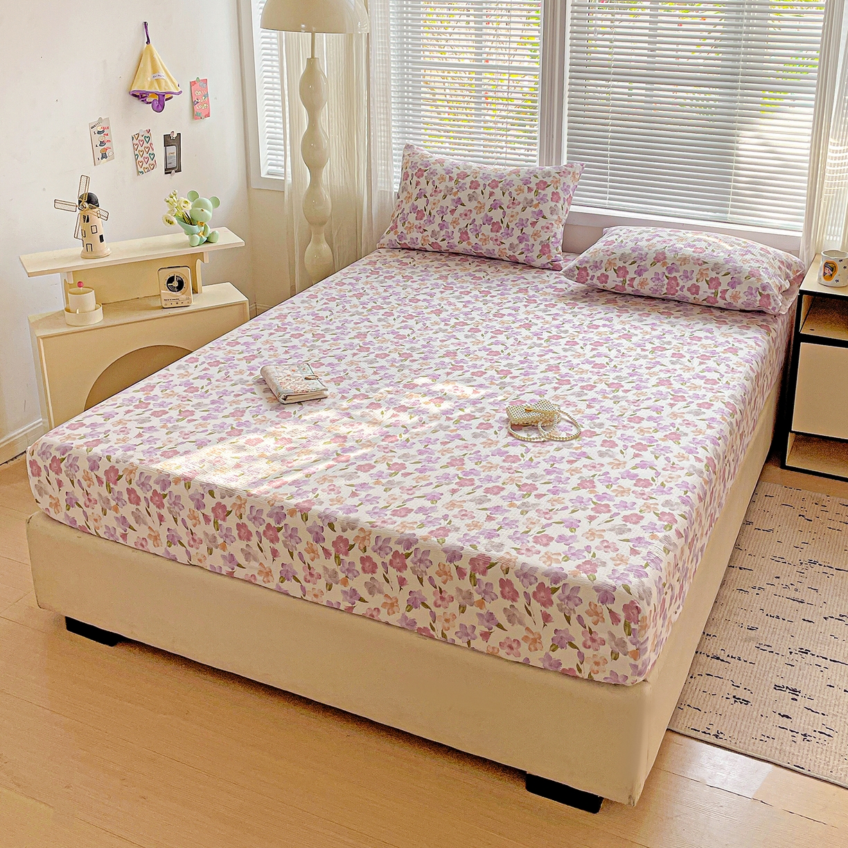 91家纺网 家纺一手货源 找家纺 优选 2026新款ins小清新木棉双层纱印花床笠床垫保护罩枕套三件套 微甜