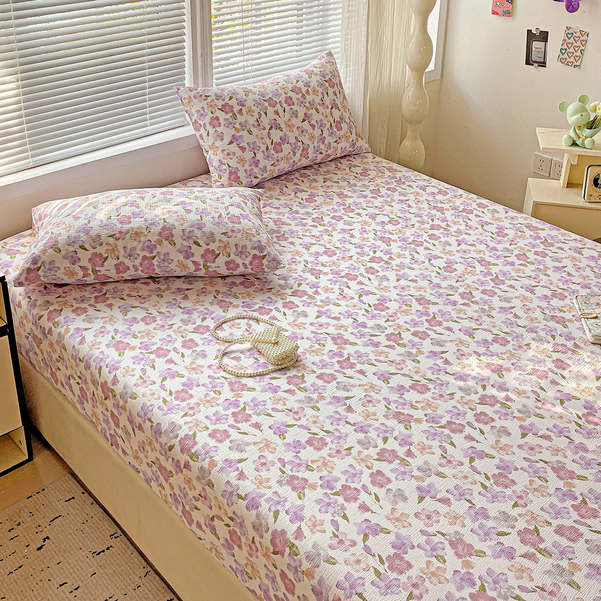 91家纺网 家纺一手货源 找家纺 优选 2026新款ins小清新木棉双层纱印花床笠床垫保护罩枕套三件套 微甜